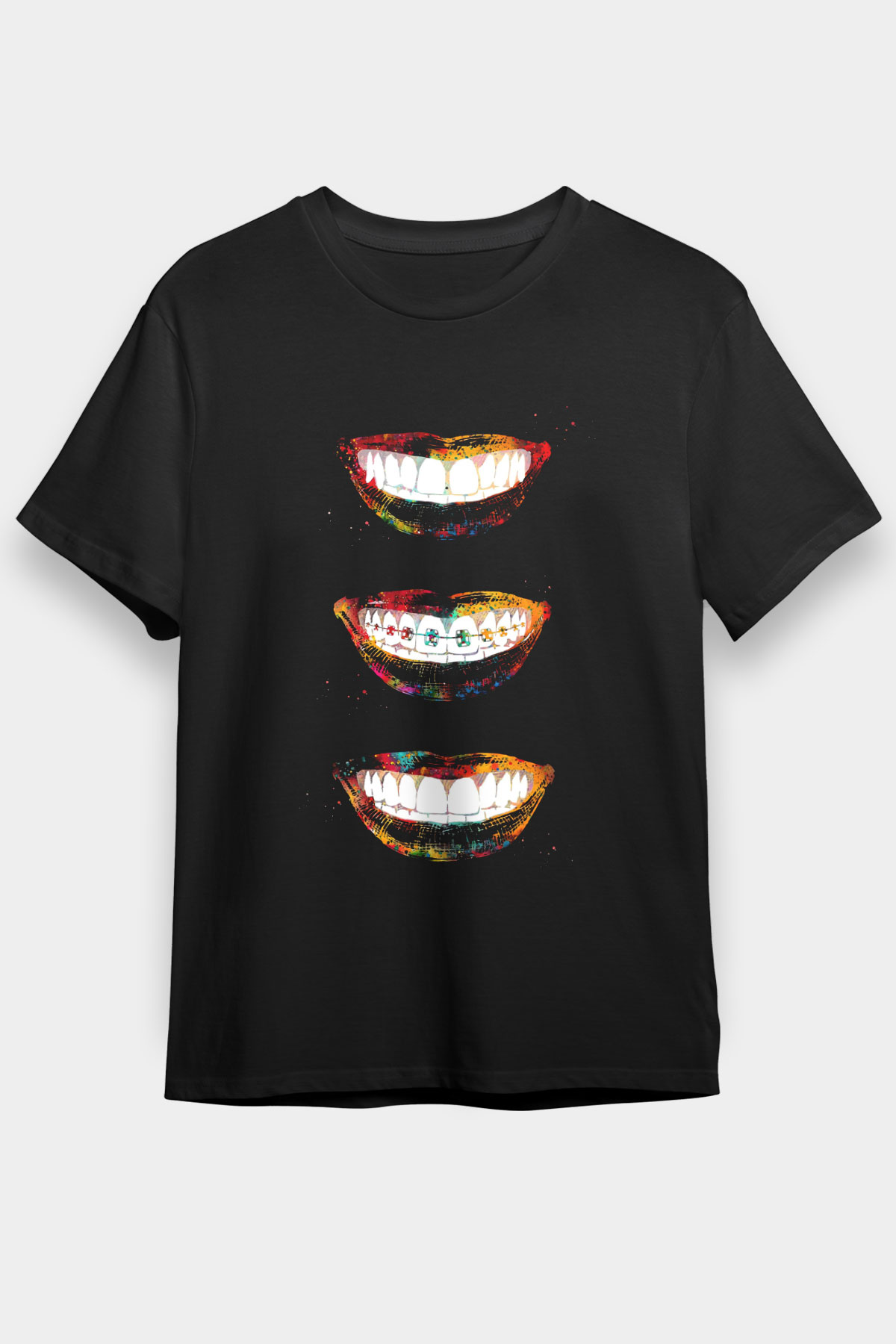 Dişler Renkli Baskılı Unisex Siyah Tişört - Tshirt