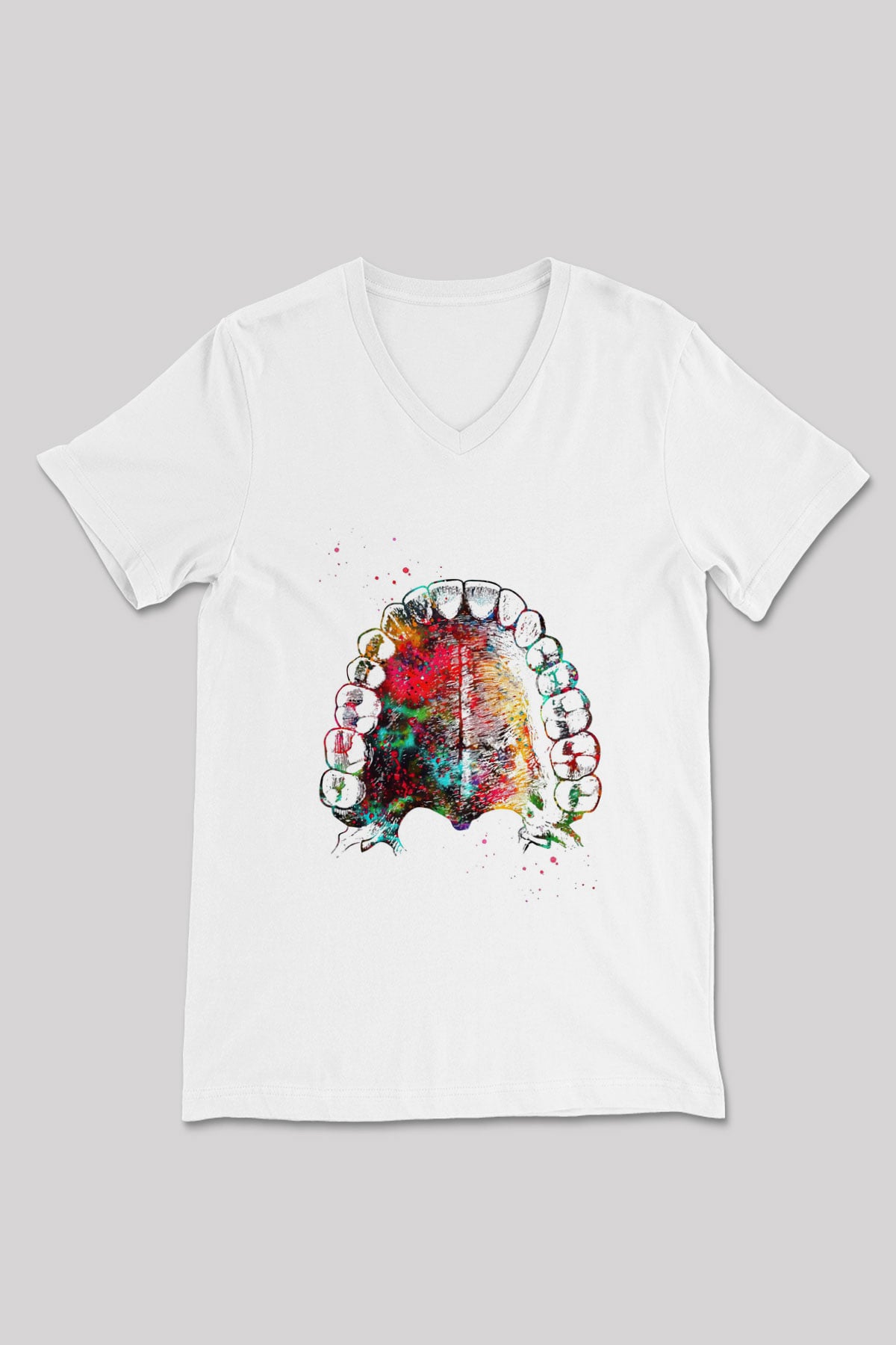 Dişler Renkli Baskılı Unisex V Yaka Beyaz Tişört - Tshirt