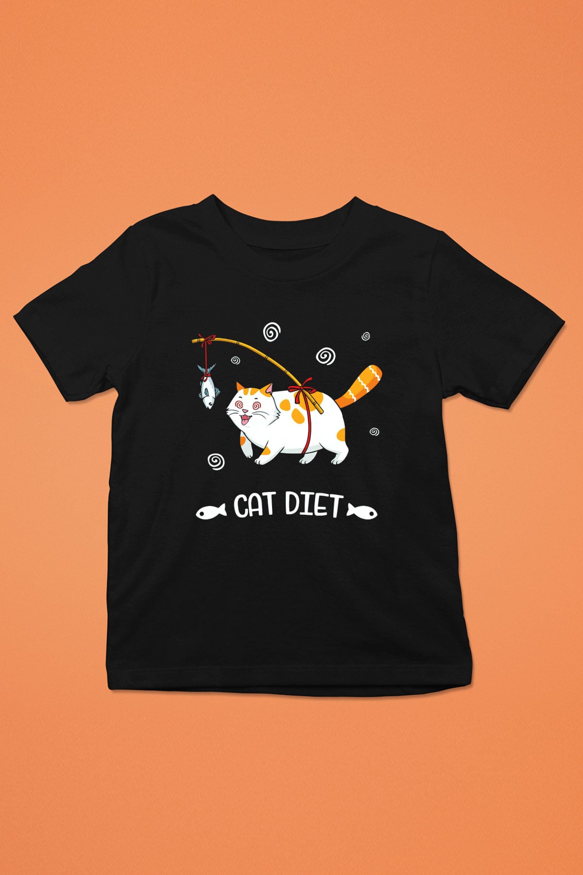 Diyet Yapan Kedi Baskılı Unisex Siyah  Çocuk Tişört