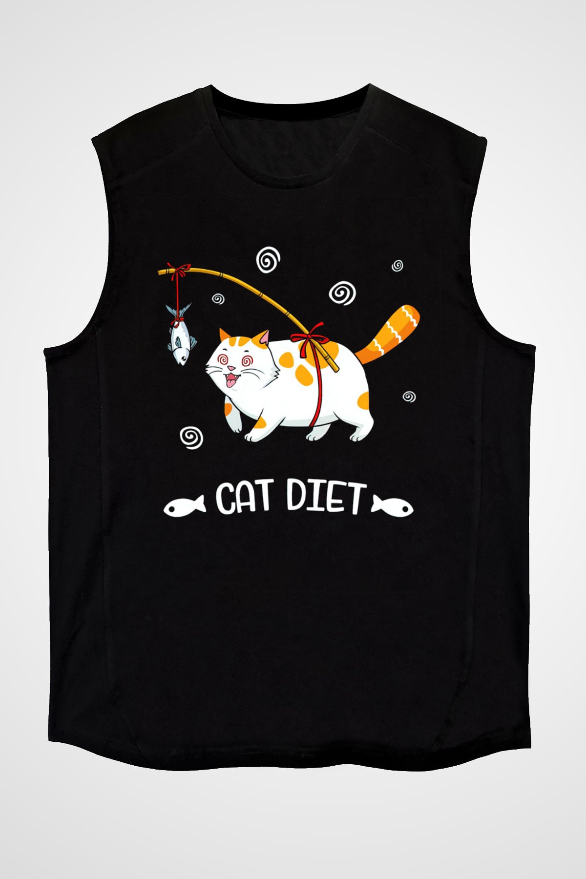 Diyet Yapan Kedi Baskılı Unisex Siyah  Kolsuz Tişört