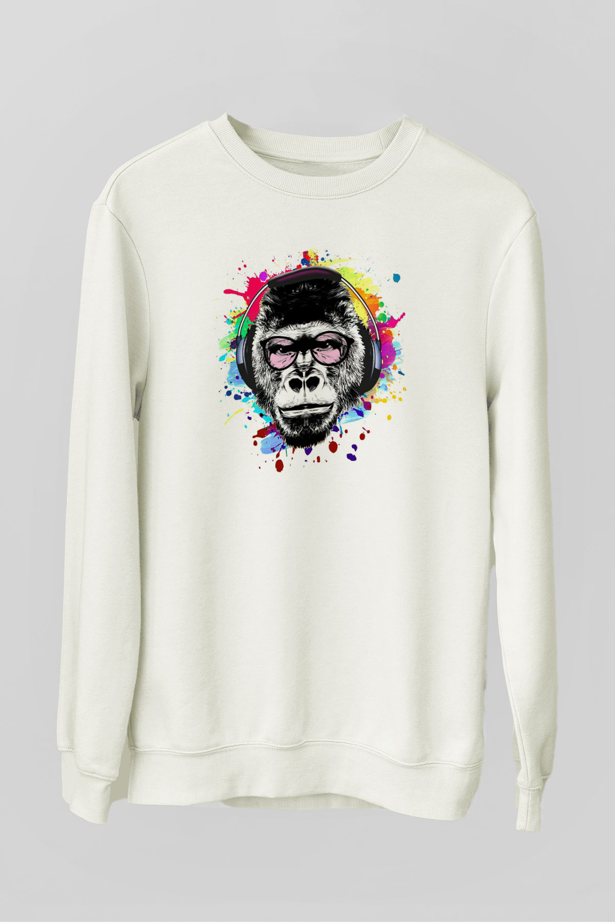 DJ Maymun Baskılı Unisex Beyaz  Sweatshirt