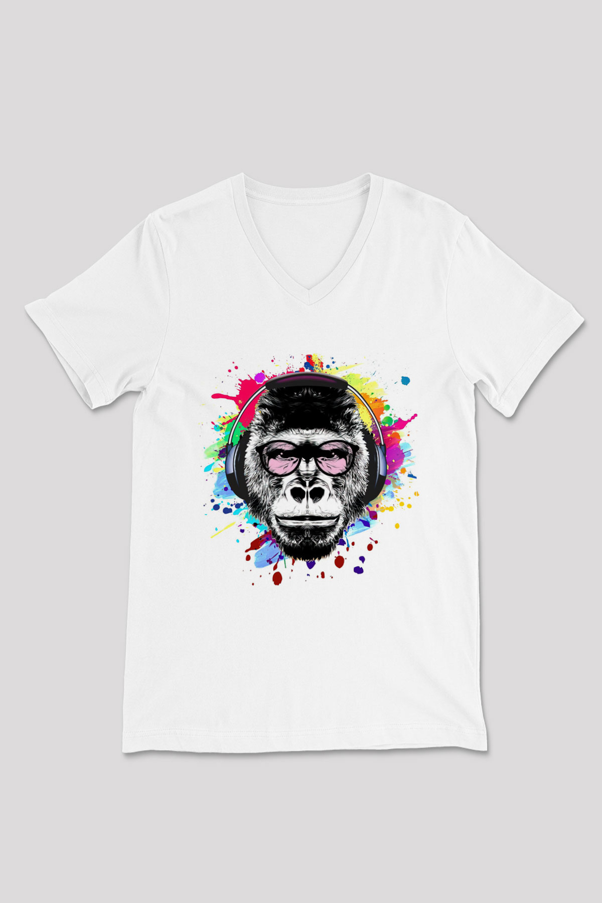 DJ Maymun Baskılı Unisex Beyaz  V Yaka Tişört