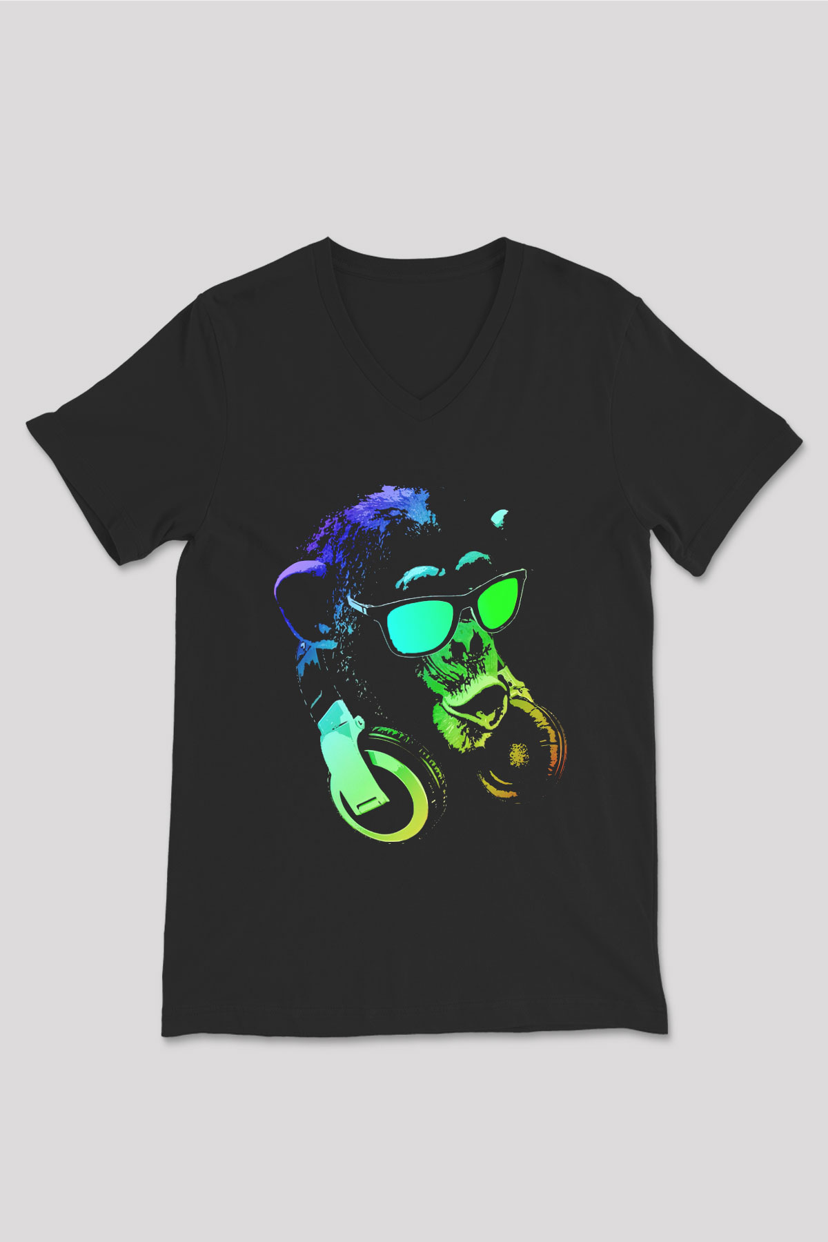DJ Şempanze Baskılı Unisex Siyah  V Yaka Tişört
