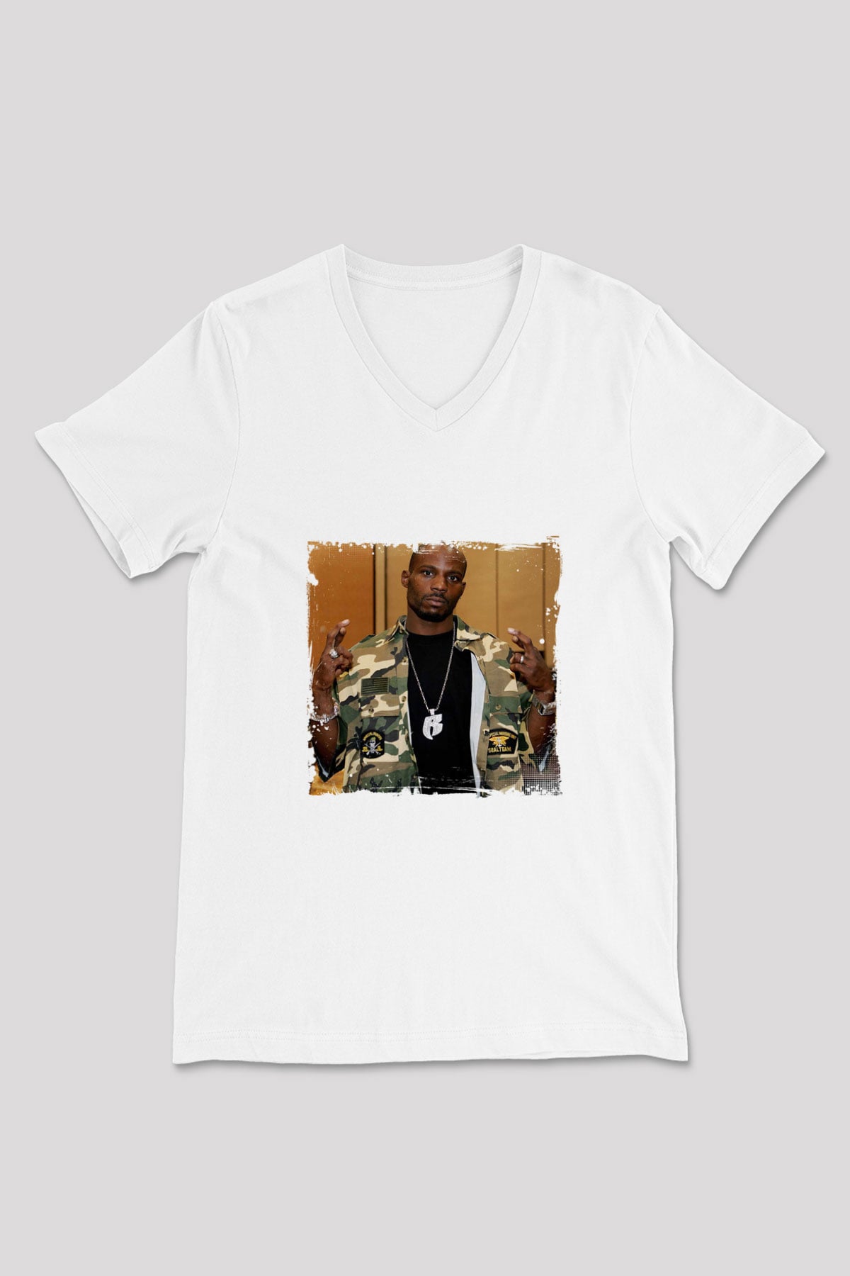 DMX Baskılı Beyaz V Yaka Unisex Tişört