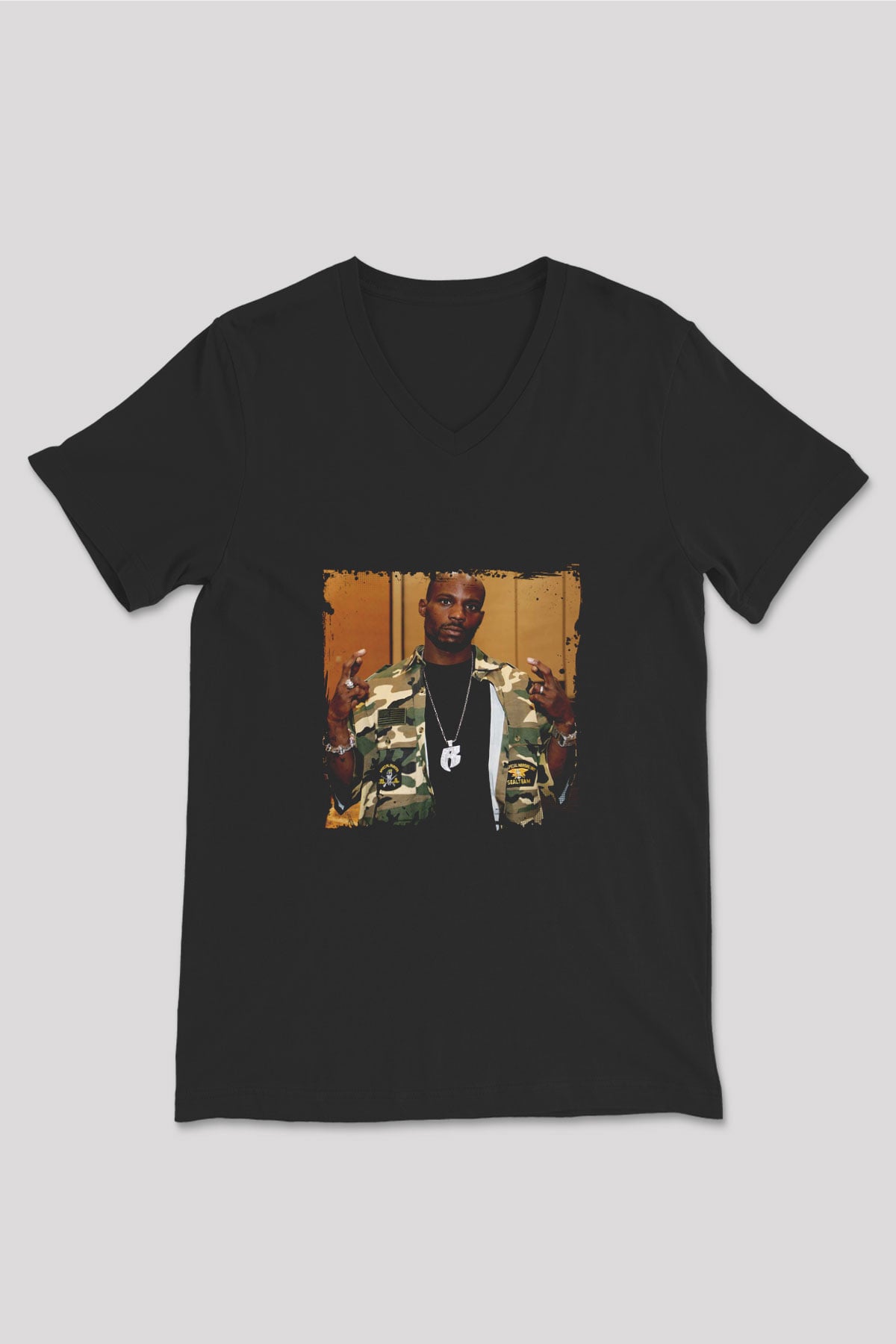 DMX Baskılı Unisex Siyah V Yaka Tişört