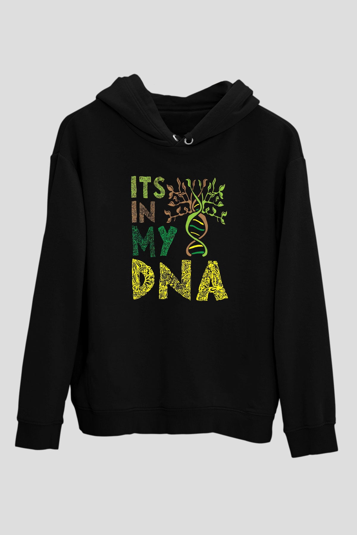 DNA Bahçe Baskılı Unisex Siyah Hoodie