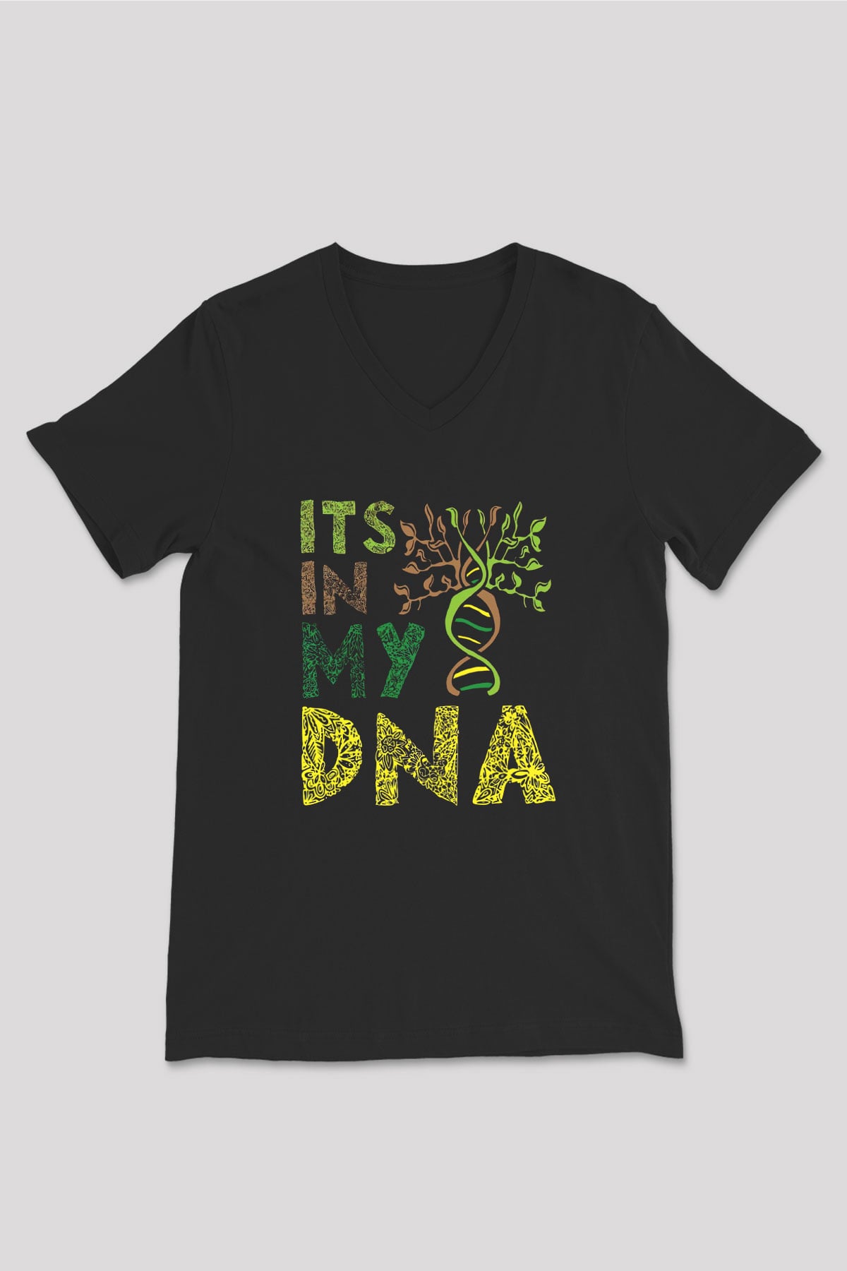 DNA Bahçe Baskılı Unisex V Yaka Siyah Tİşört - Tshirt