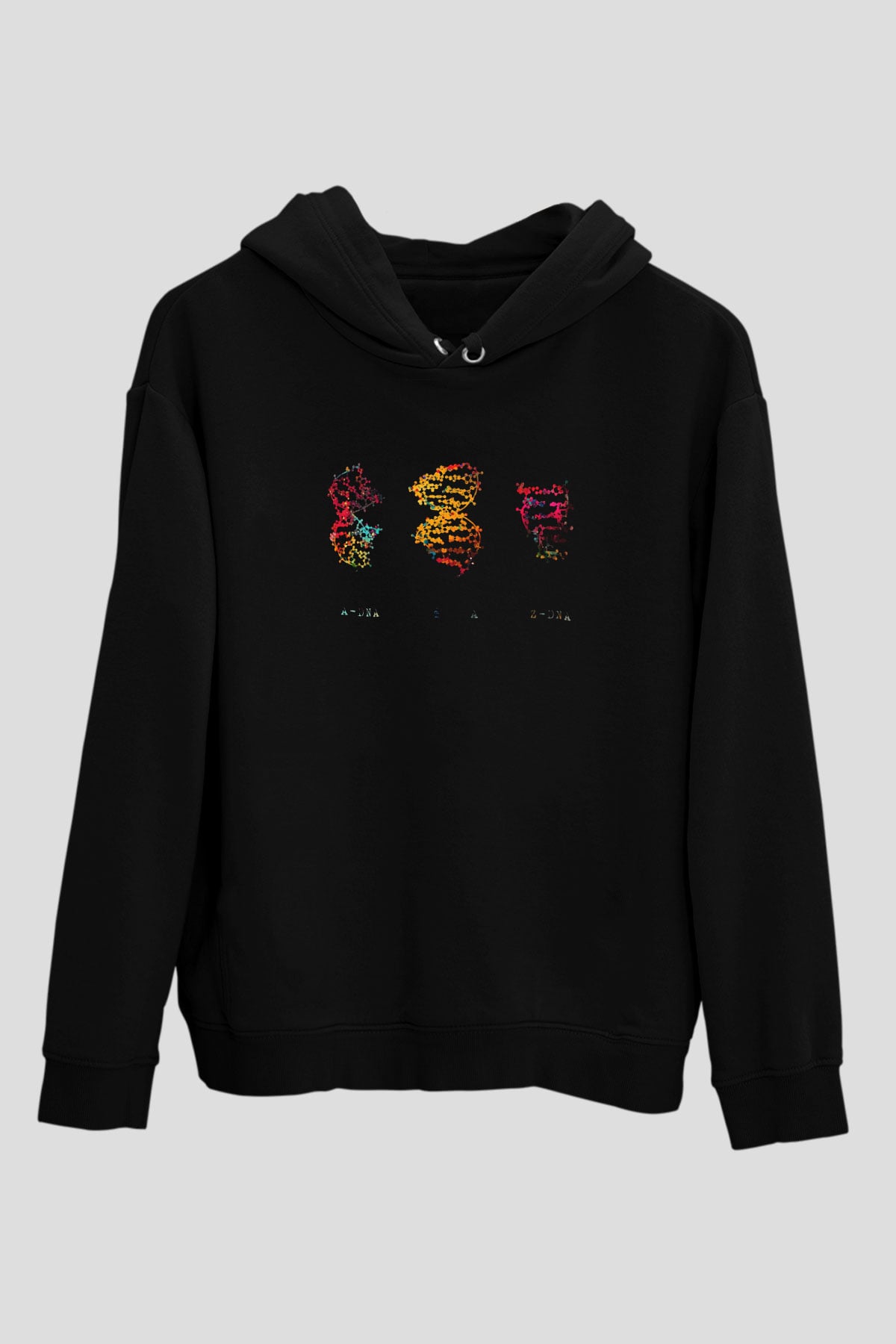 DNA Molekülleri Renkli Baskılı Unisex Siyah Hoodie
