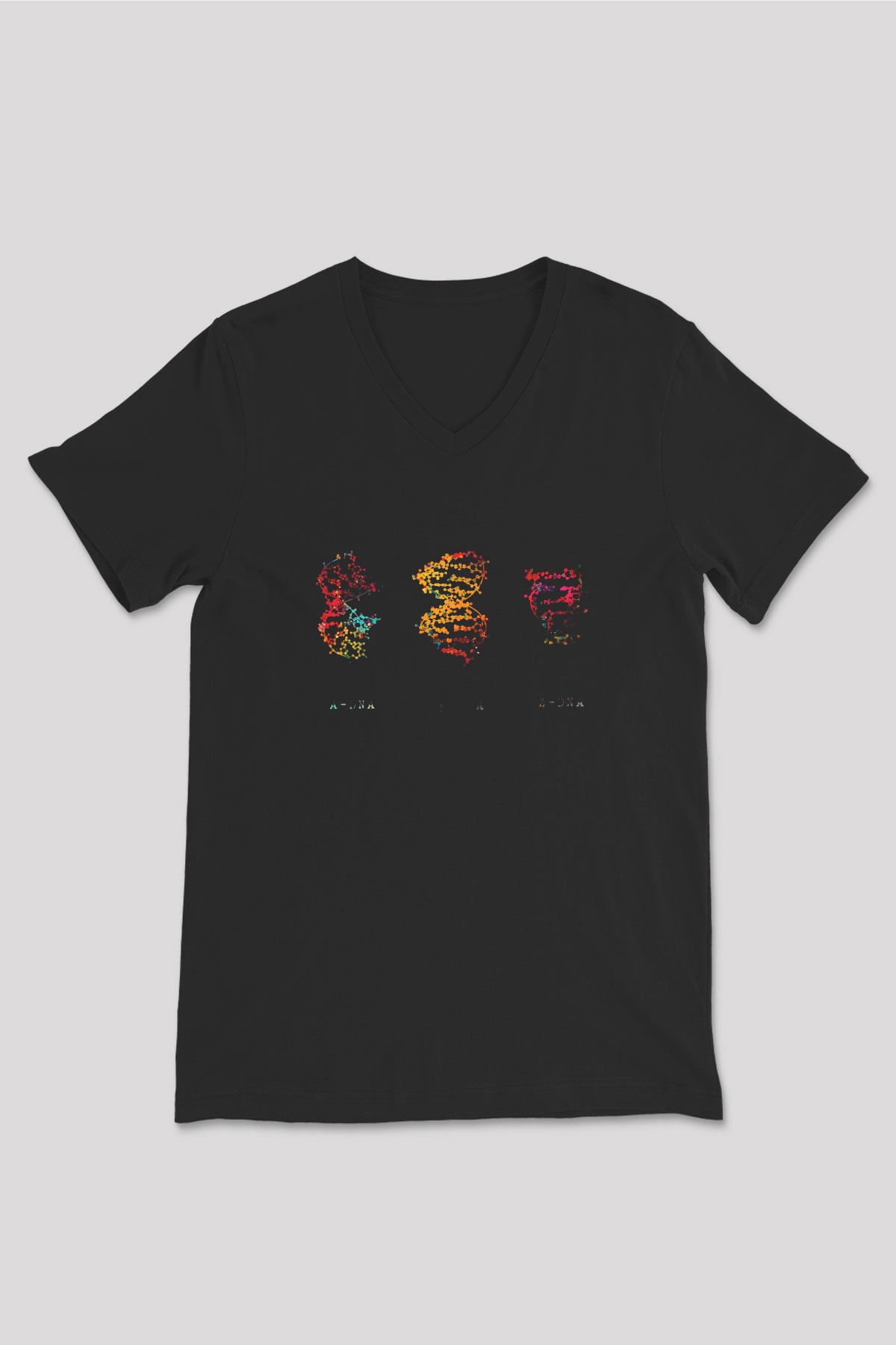 DNA Molekülleri Renkli Baskılı Unisex V Yaka Siyah Tİşört - Tshirt