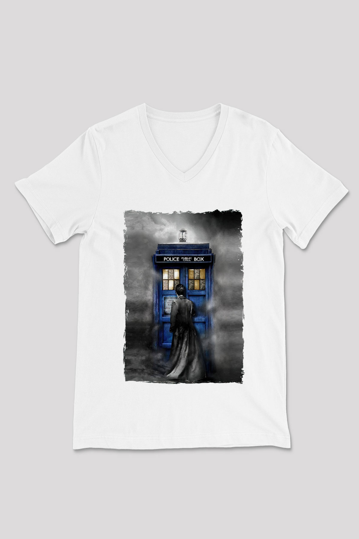 Doctor Who Beyaz Unisex V Yaka Tişört