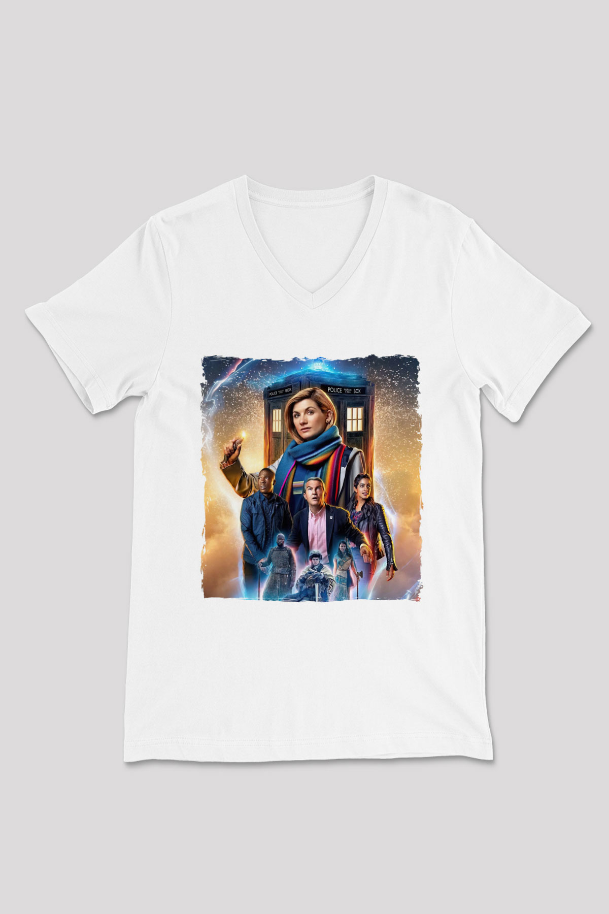 Doctor Who Beyaz Unisex V Yaka Tişört