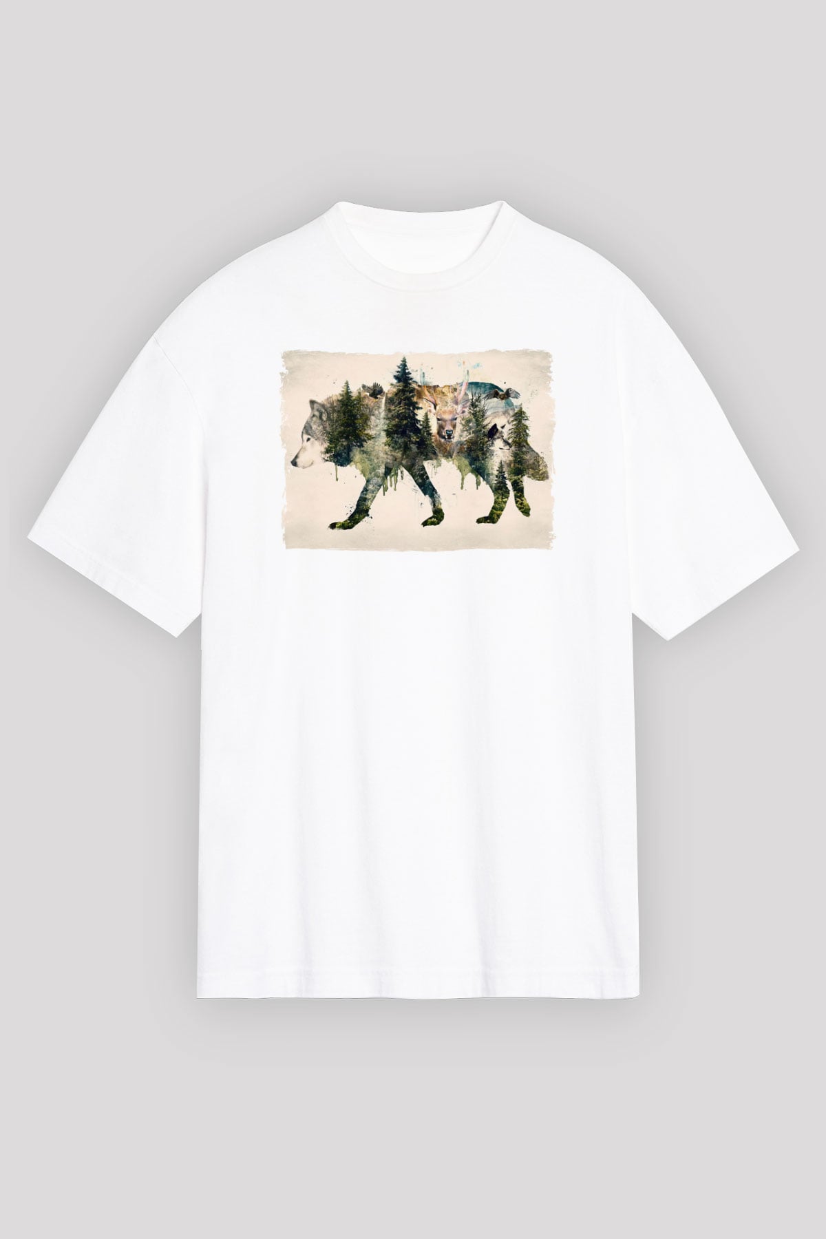 Doğa ile İç İçe Kurt Baskılı Unisex Beyaz Tİşört