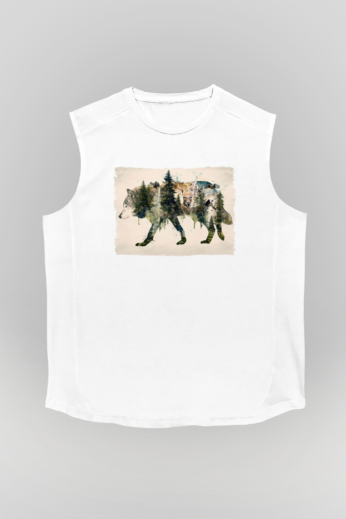 Doğa ile İç İçe Kurt Baskılı Unisex Beyaz  Kolsuz Tişört
