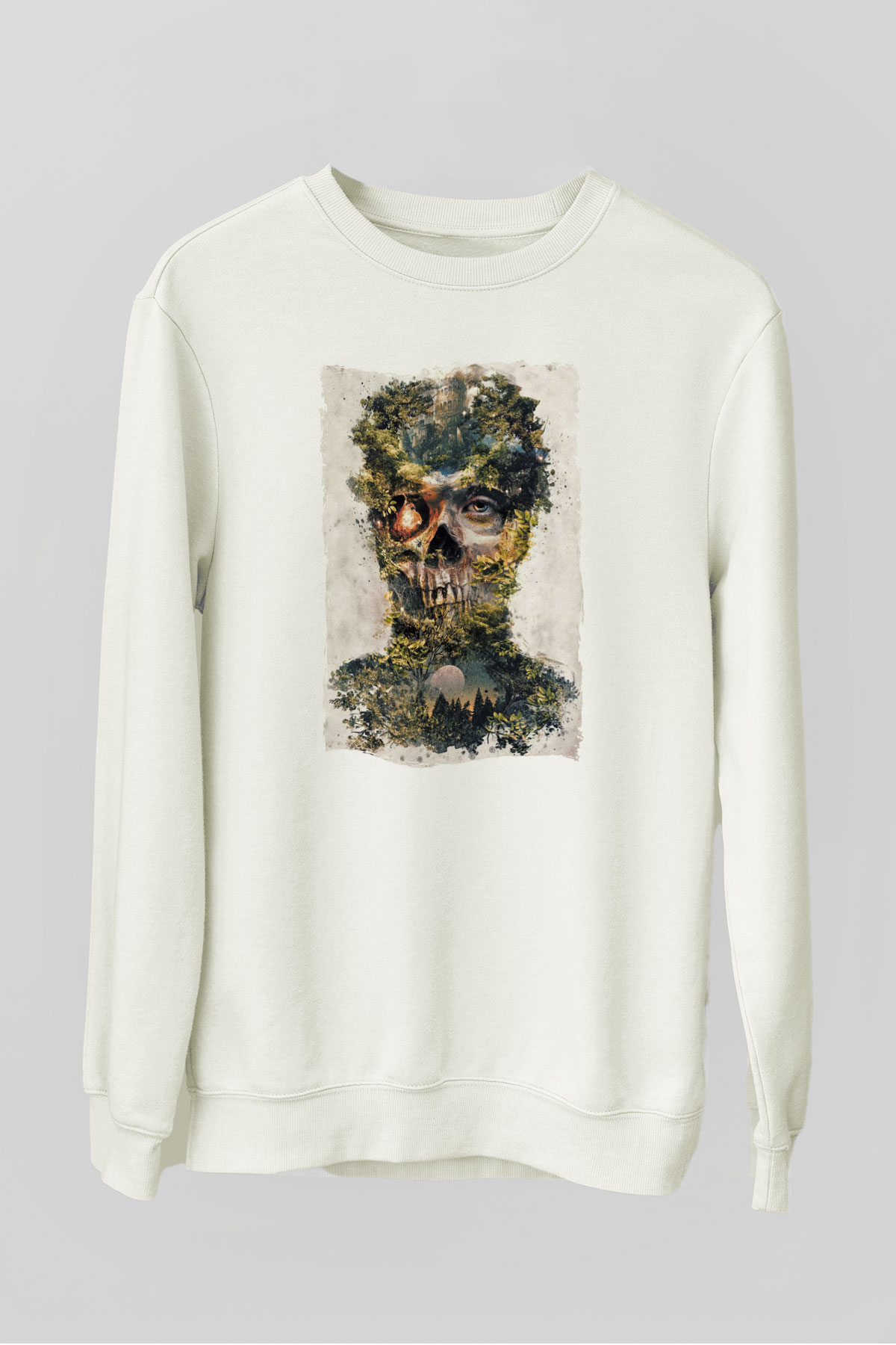 Doğa ve Kurukafa Baskılı Unisex Beyaz  Sweatshirt