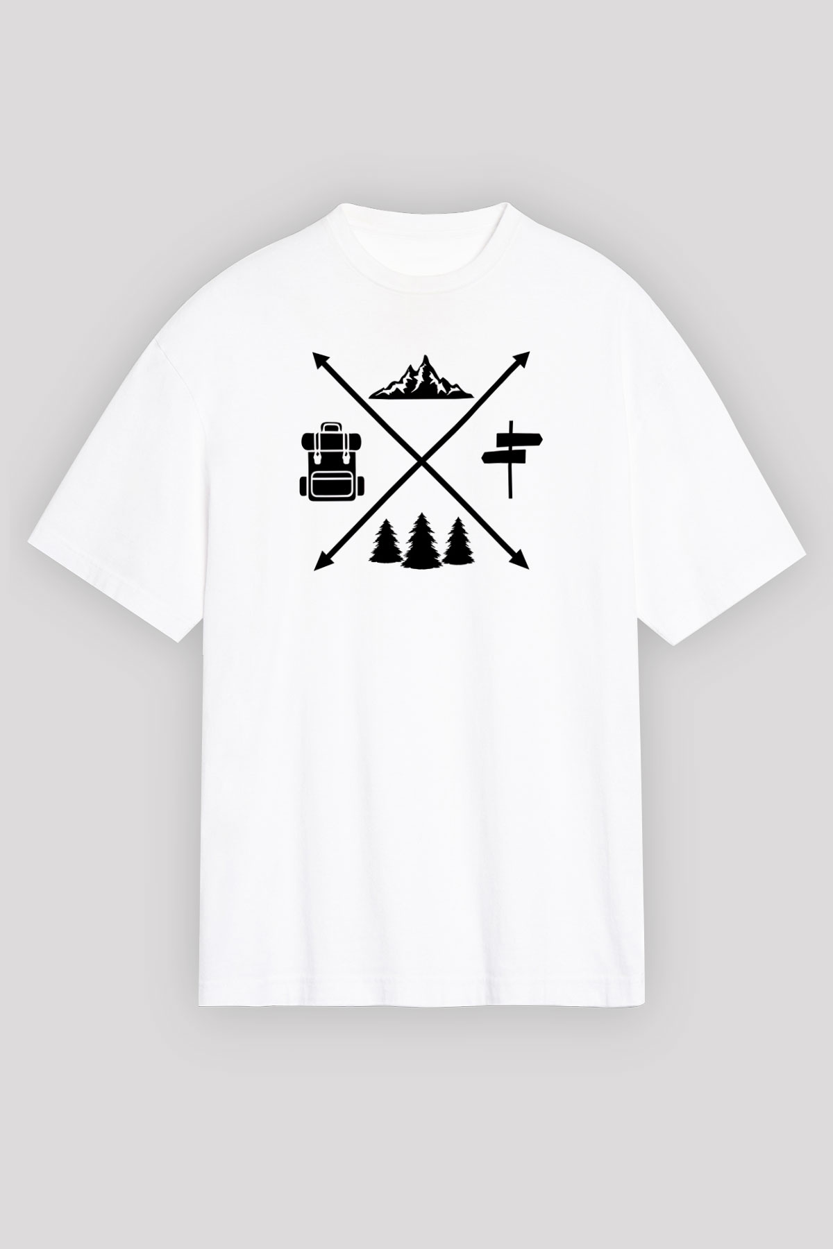 Doğa Yürüyüşü Baskılı Unisex Beyaz Oversize Tişört - Tshirt