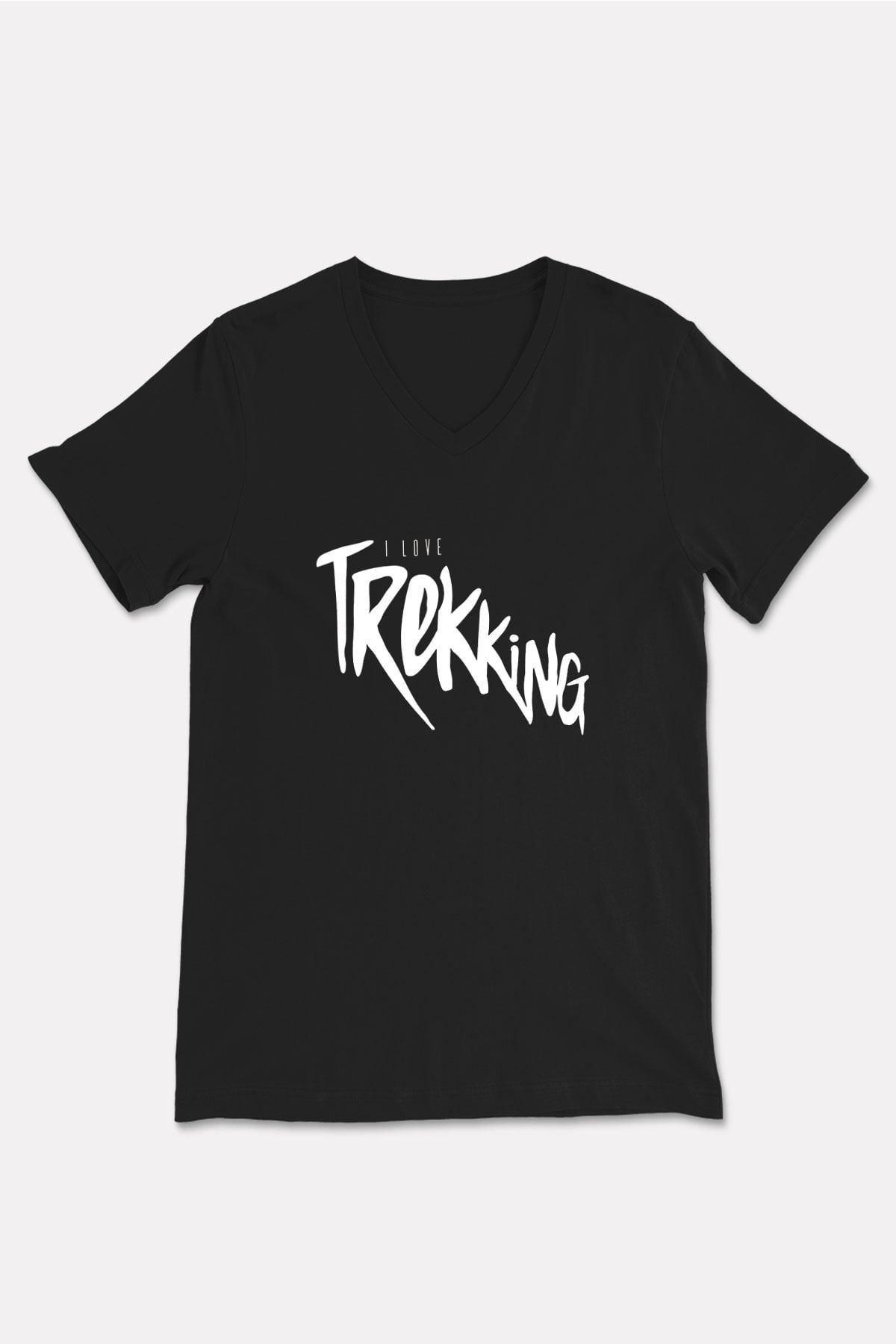 Doğa Yürüyüşü - Trekking Baskılı Unisex Siyah V Yaka Tişört