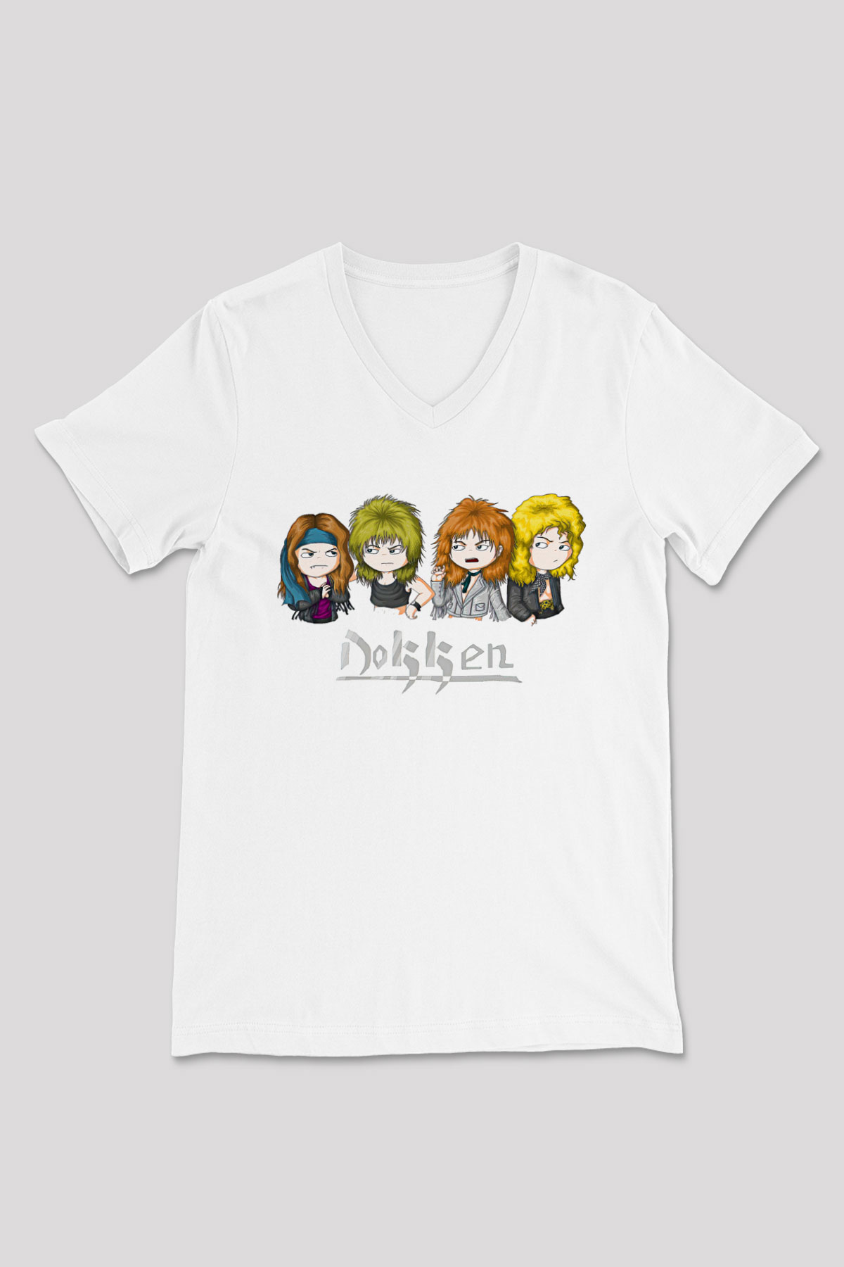 Dokken Baskılı Beyaz Unisex V Yaka Tişört - Tshirt