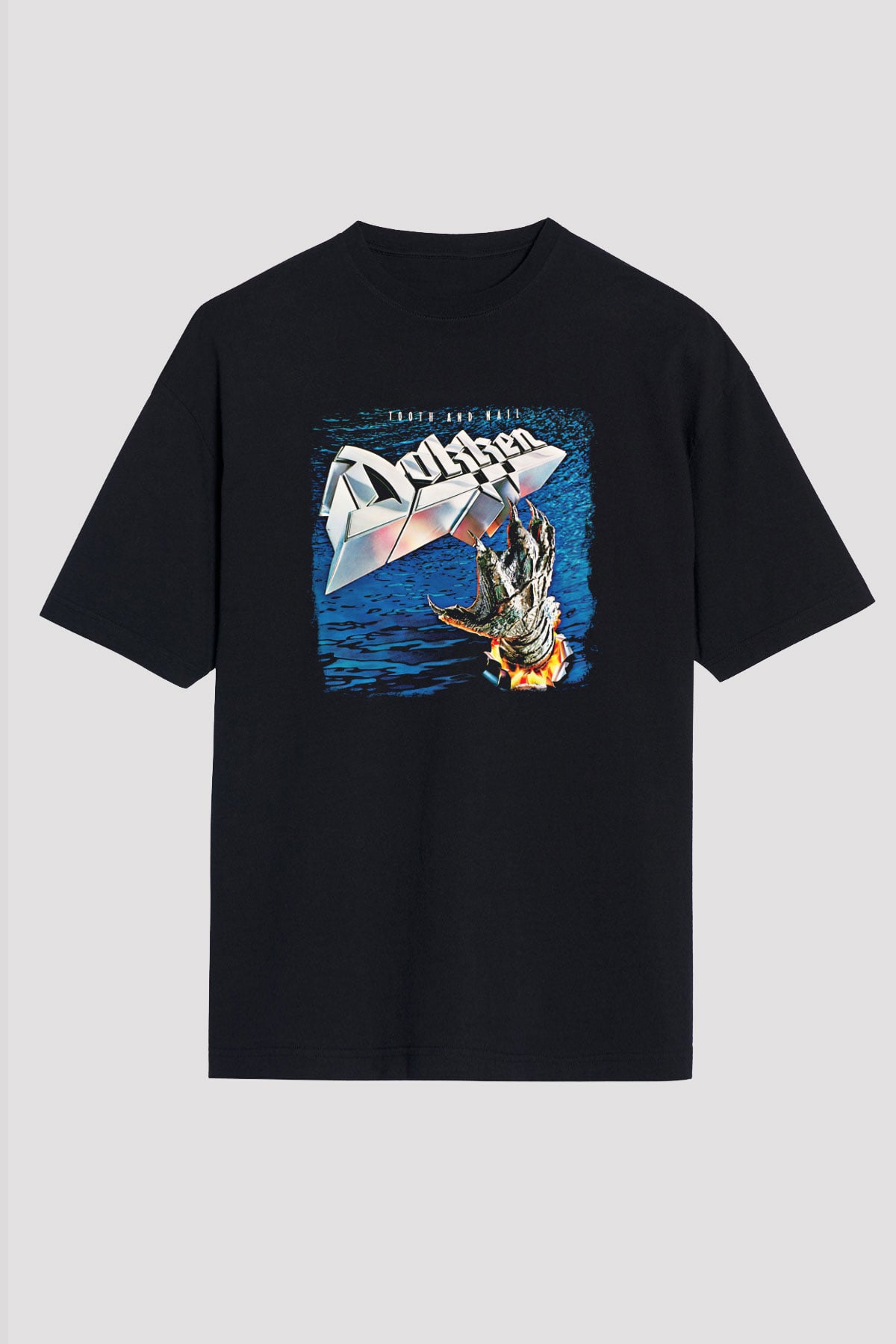 Dokken Baskılı Unisex Siyah Oversize Tişört