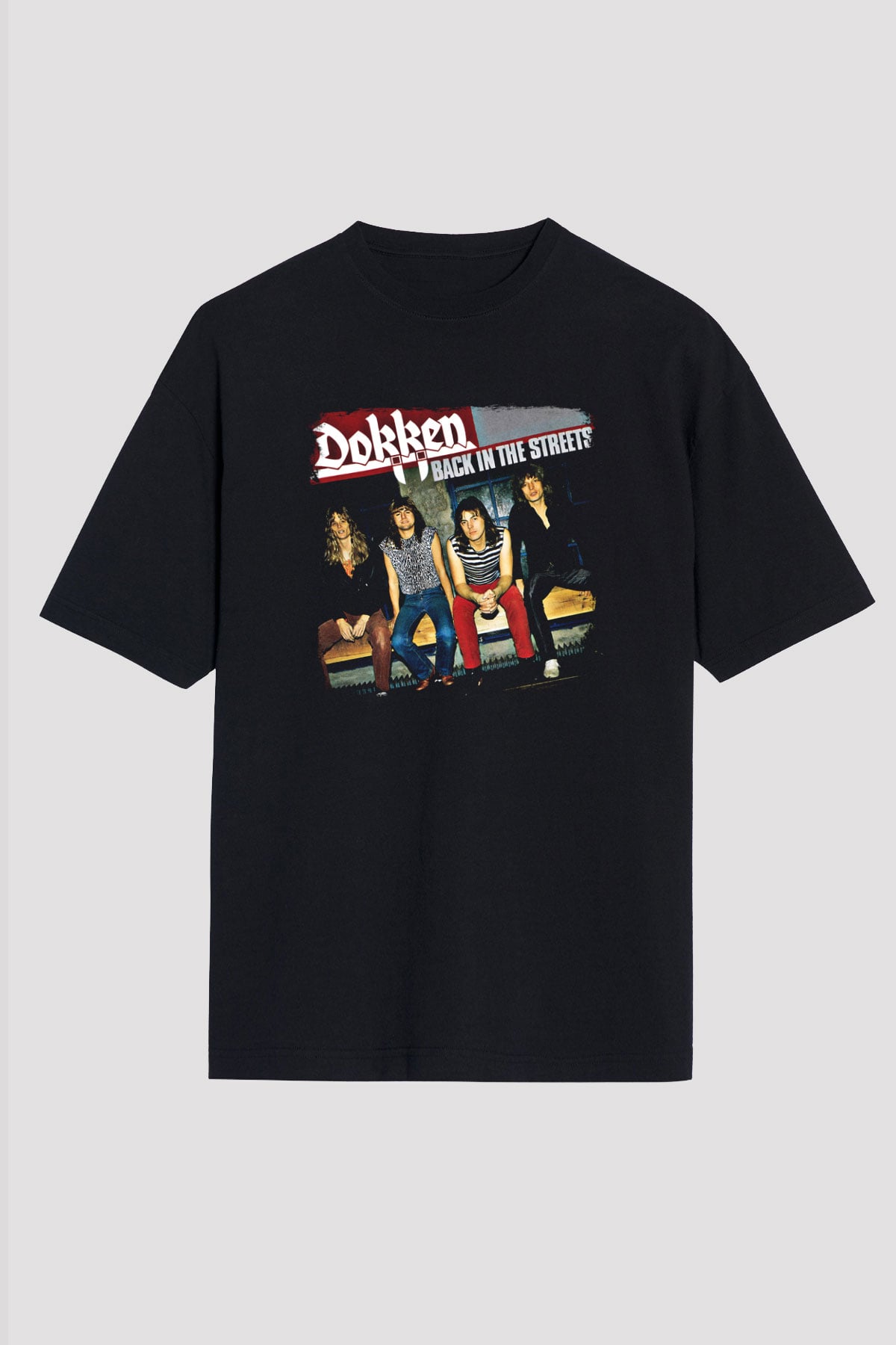 Dokken Baskılı Unisex Siyah Oversize Tişört