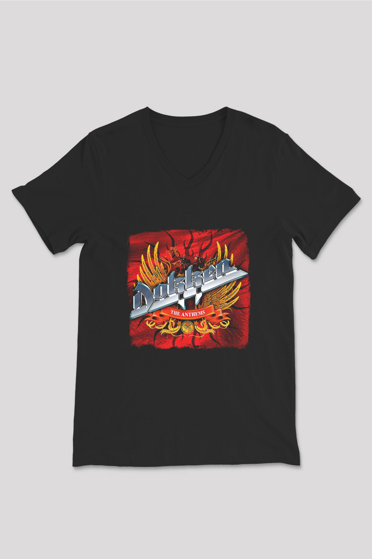 Dokken Baskılı Unisex Siyah V Yaka Tişört
