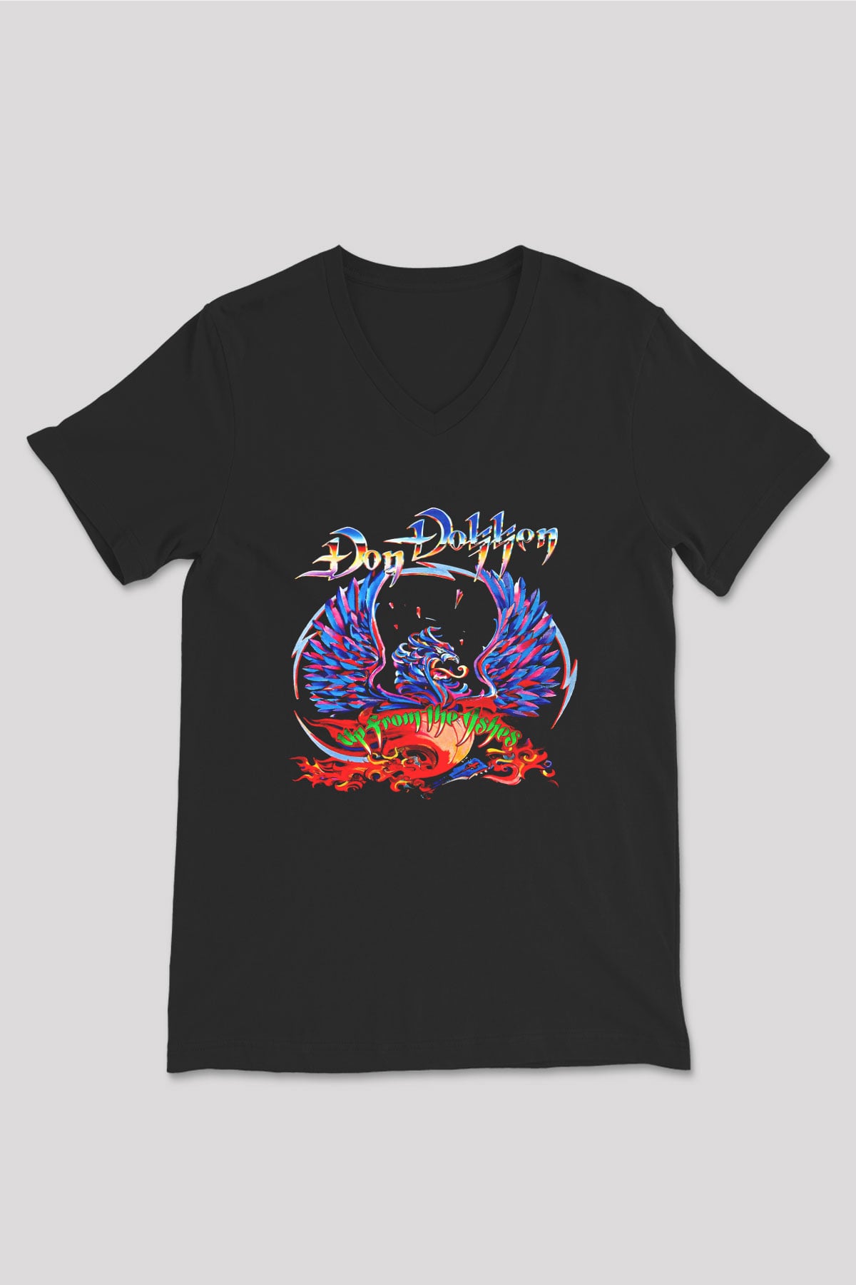 Dokken Baskılı Unisex Siyah V Yaka Tişört - Tshirt