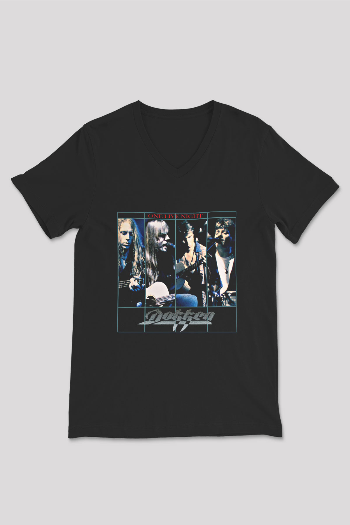 Dokken Baskılı Unisex Siyah V Yaka Tişört