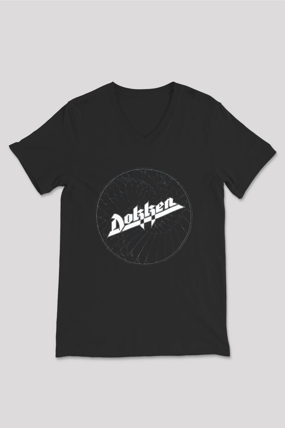 Dokken Baskılı Unisex Siyah V Yaka Tişört - Tshirt