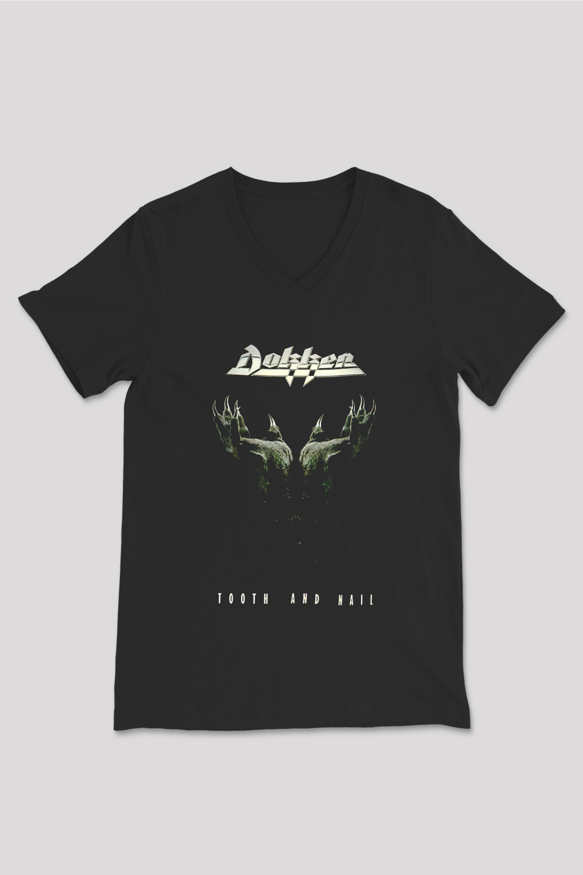 Dokken Baskılı Unisex Siyah V Yaka Tişört - Tshirt