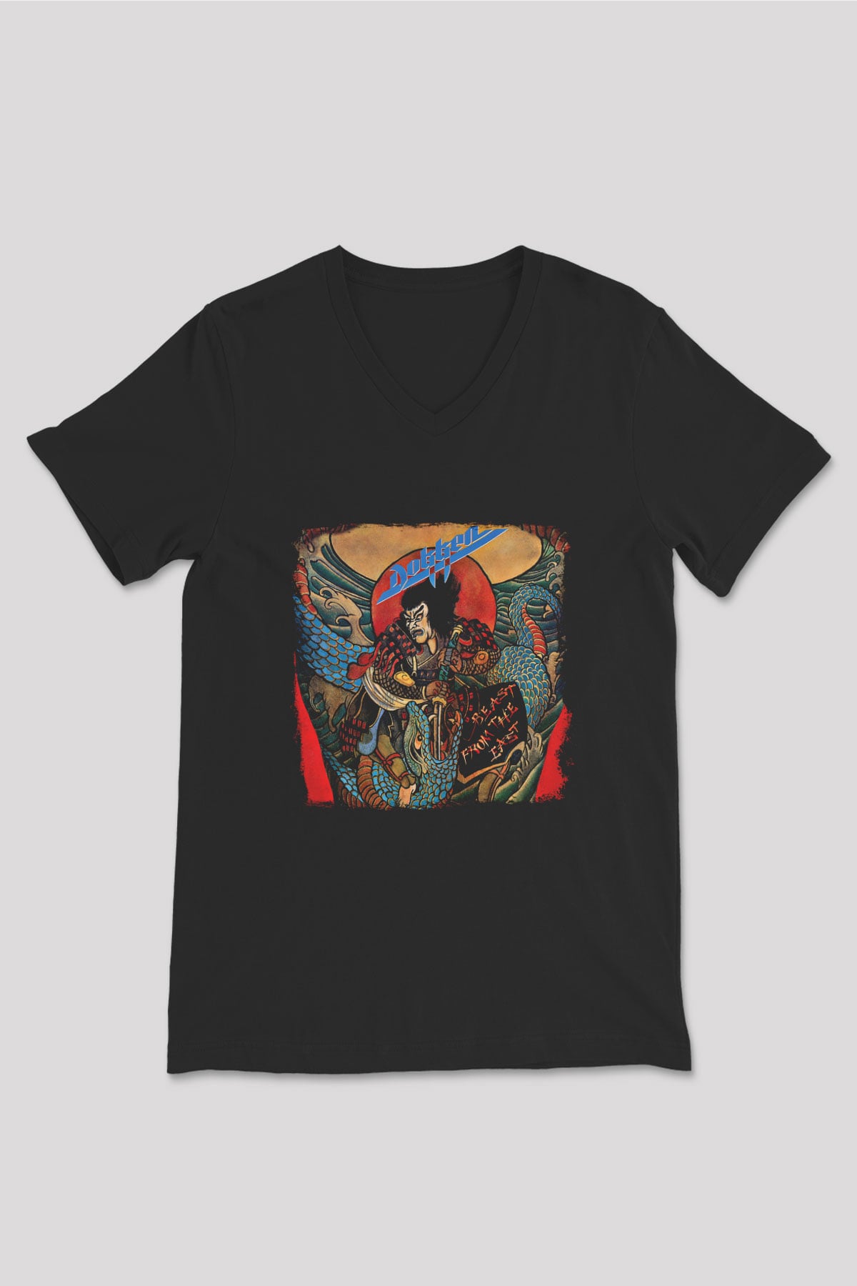 Dokken Baskılı Unisex Siyah V Yaka Tişört