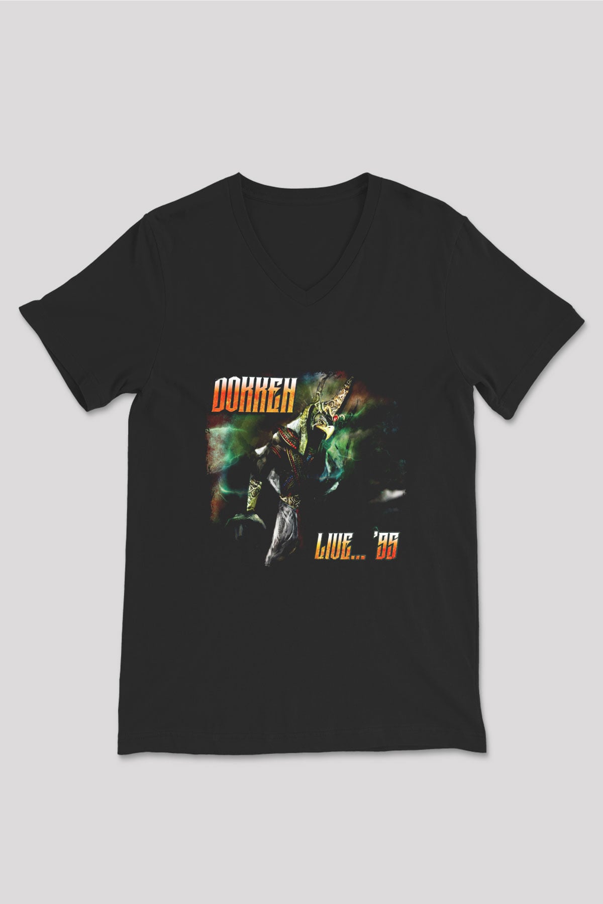 Dokken Baskılı Unisex Siyah V Yaka Tişört