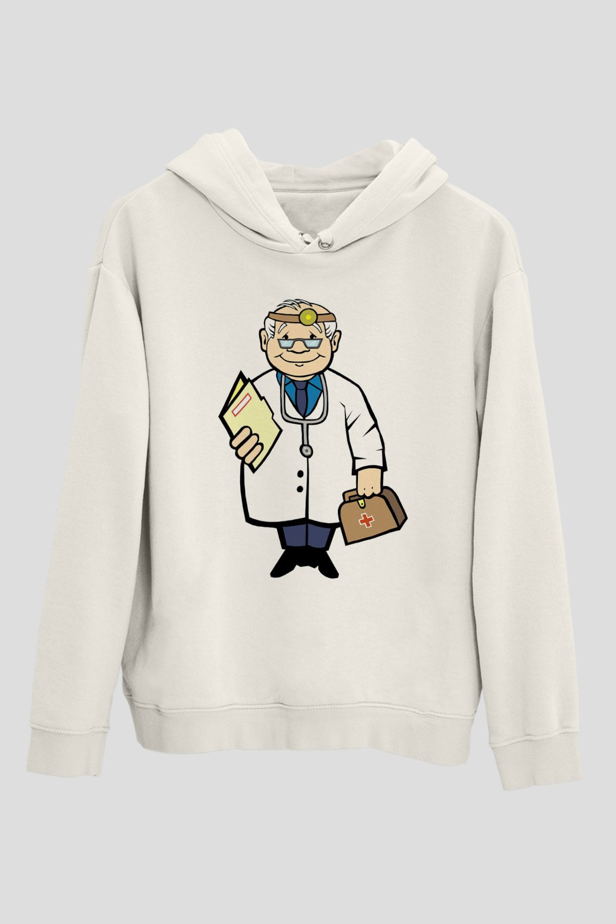 Doktor Beyaz Unisex Kapüşonlu Sweatshirt