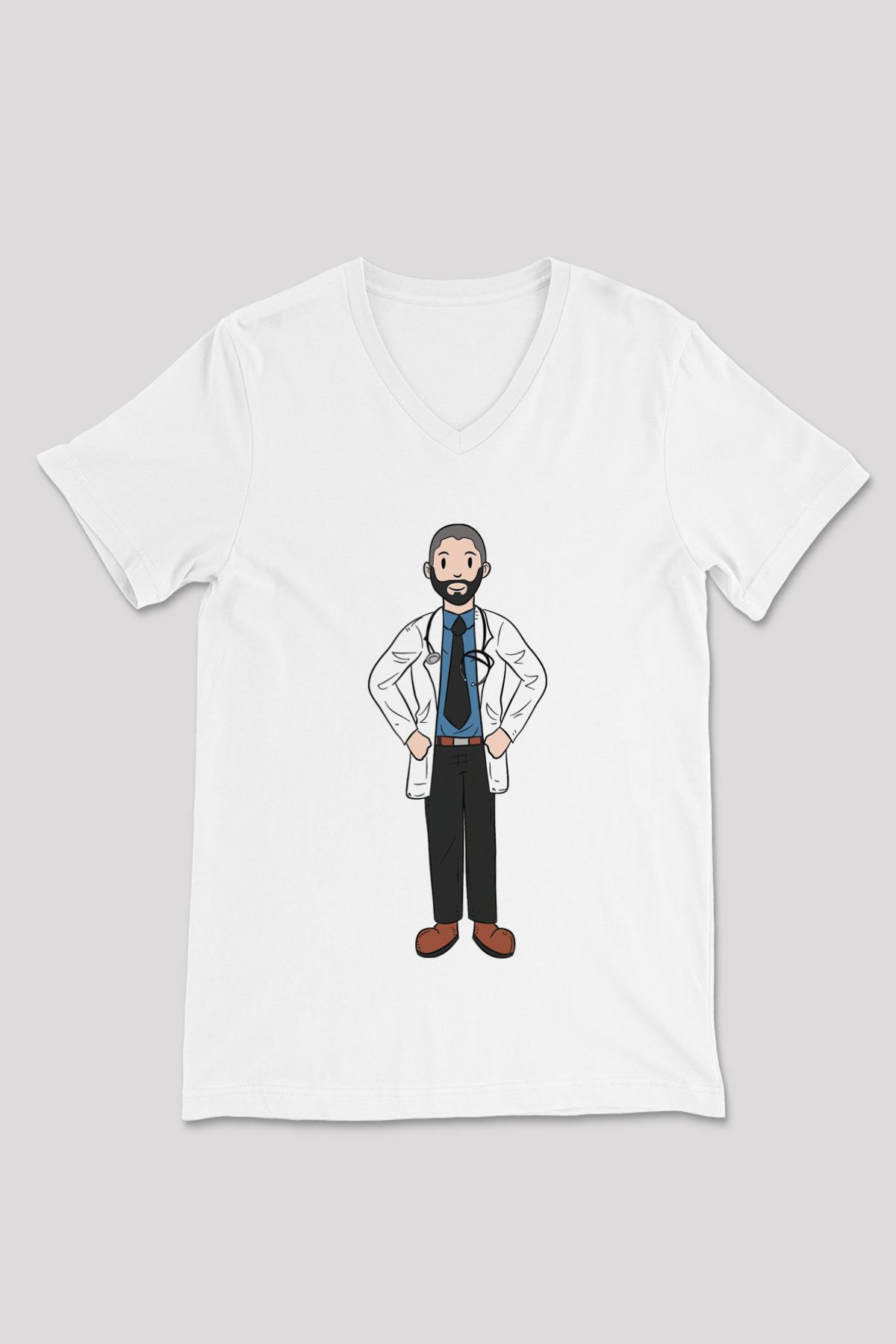 Doktor Beyaz Unisex V Yaka Tişört