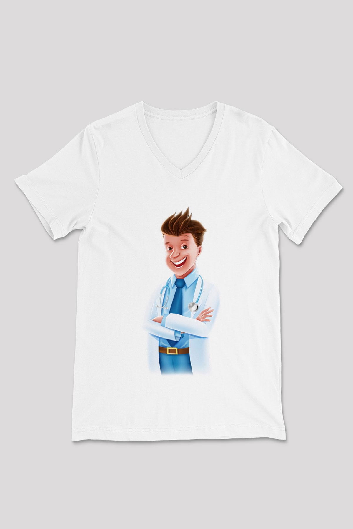 Doktor Beyaz Unisex V Yaka Tişört T-Shirt