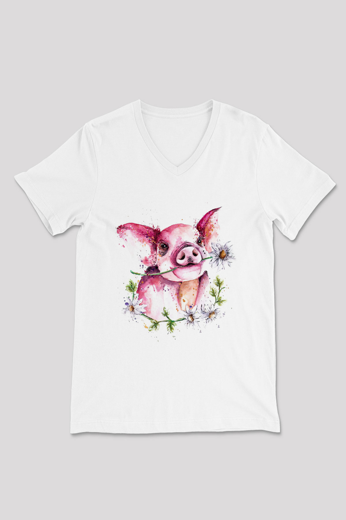 Domuz Beyaz Unisex V Yaka Tişört