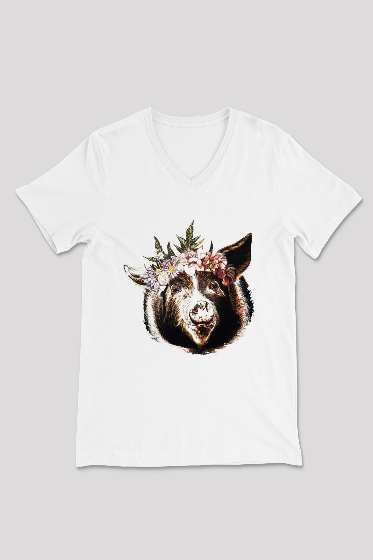 Domuz Beyaz Unisex V Yaka Tişört T-Shirt