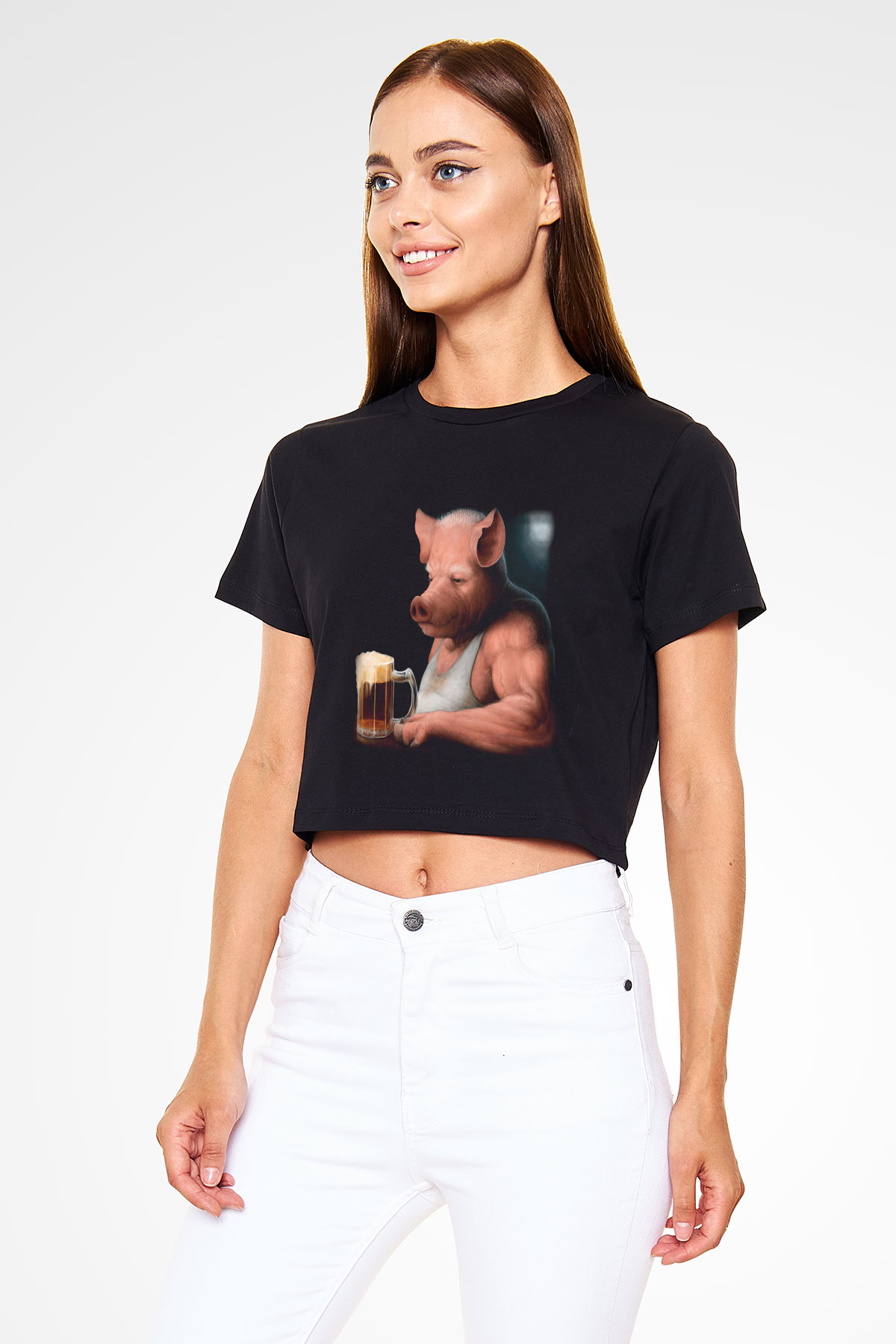 Domuz Siyah Crop Top Tişört