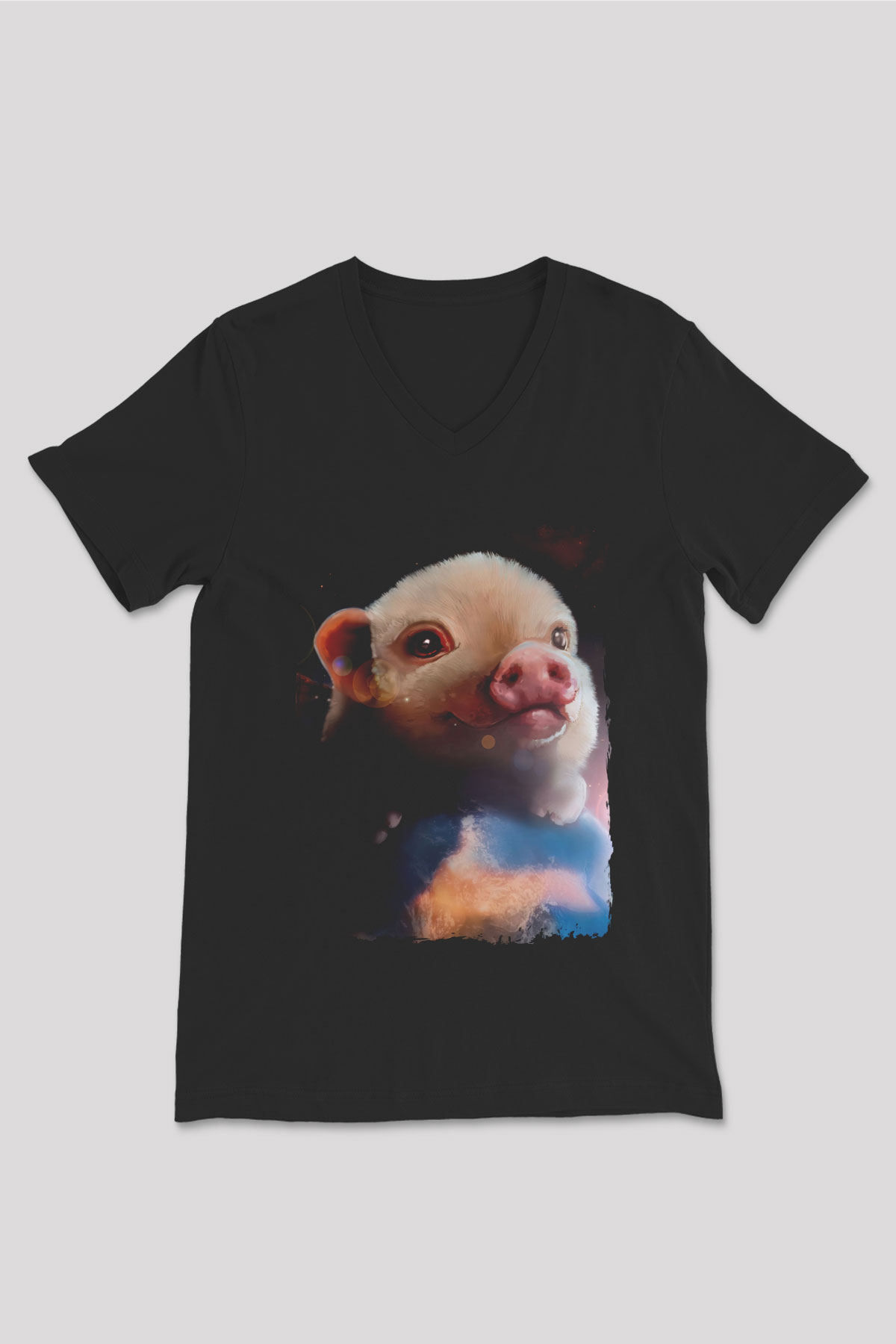 Domuz Siyah Unisex V Yaka Tişört
