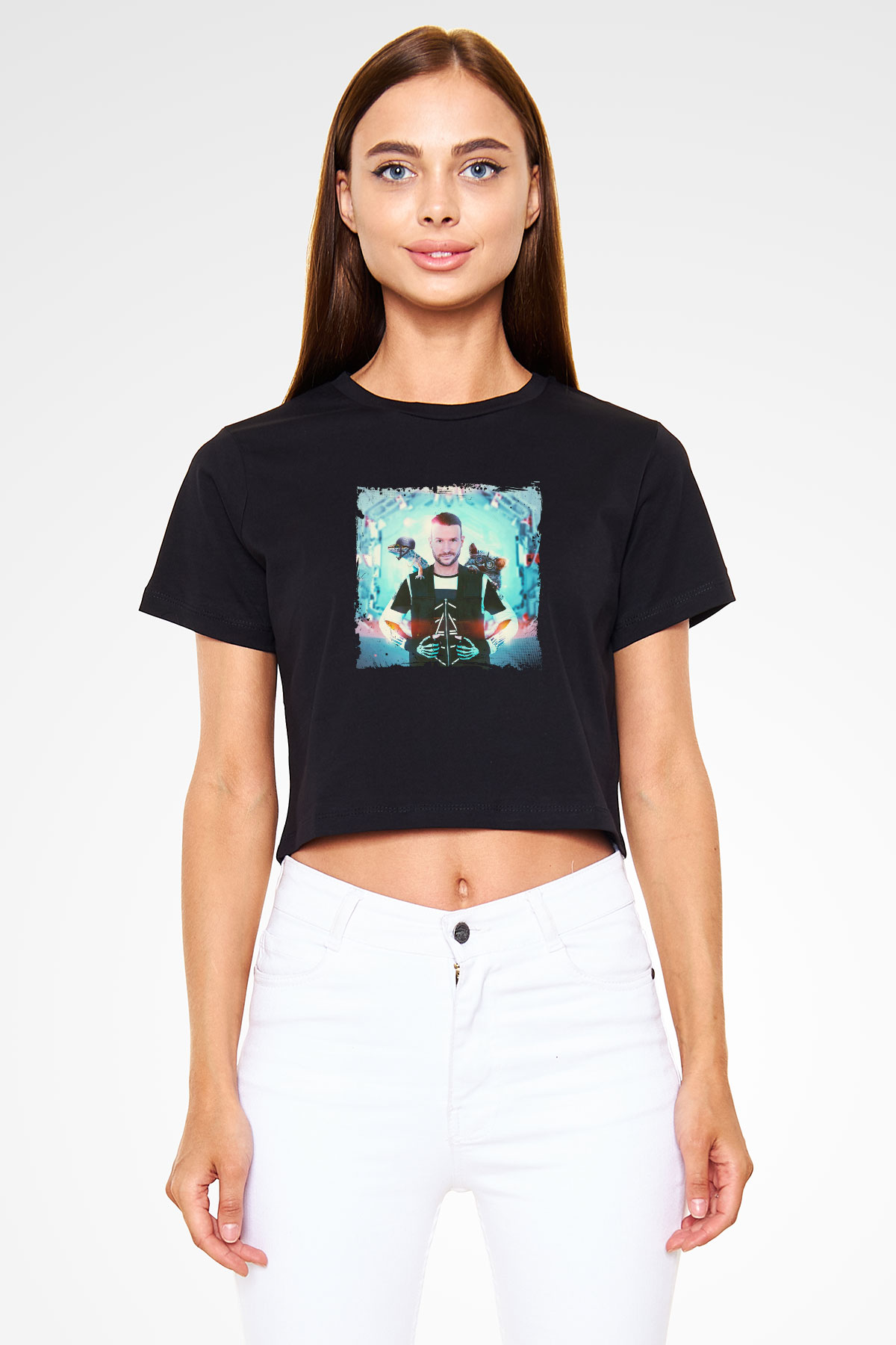 Don Diablo Baskılı Crop Top Siyah Kadın Tişört