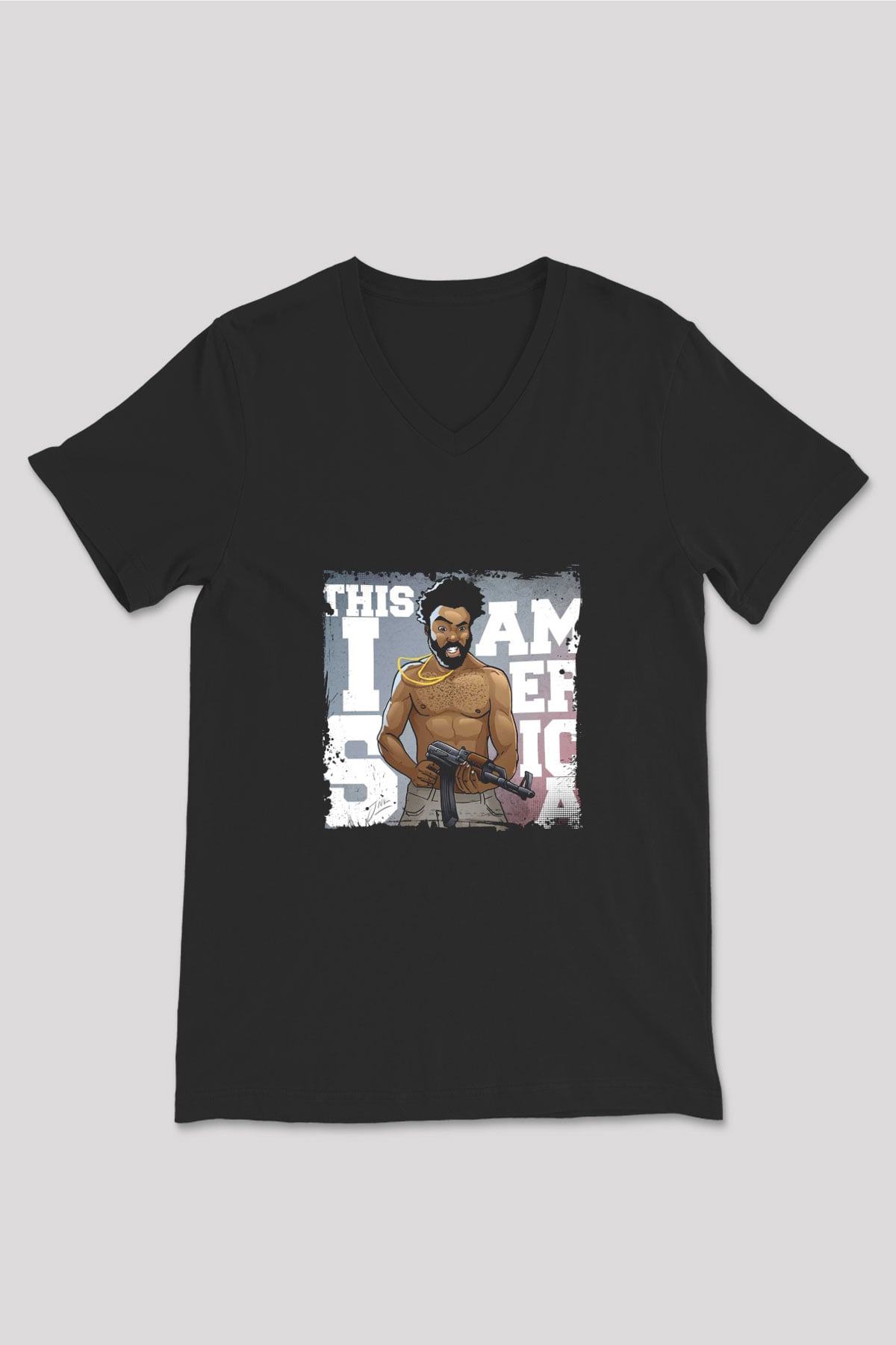 Donald Glover Baskılı Unisex Siyah V Yaka Tişört