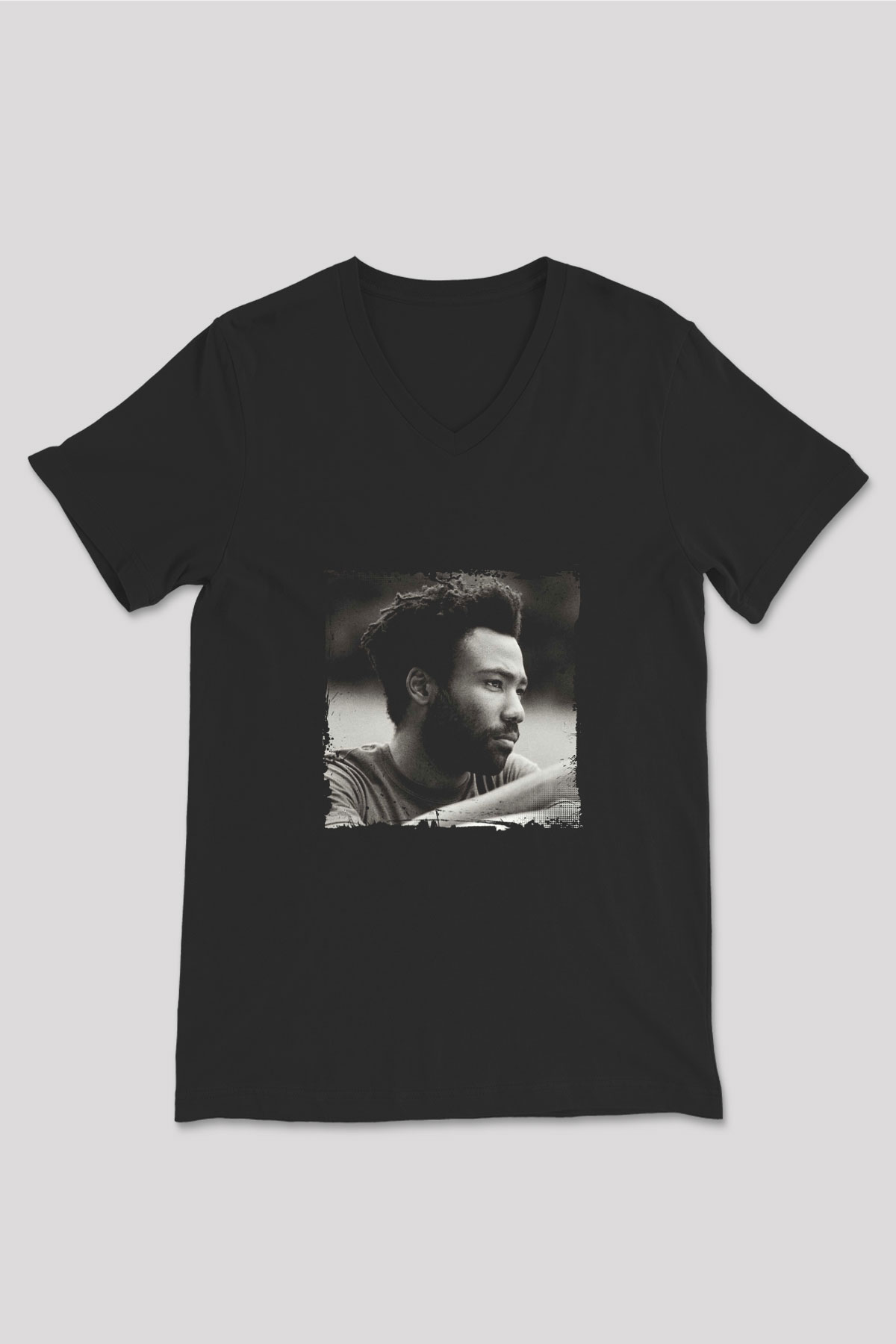 Donald Glover Baskılı Unisex Siyah V Yaka Tişört