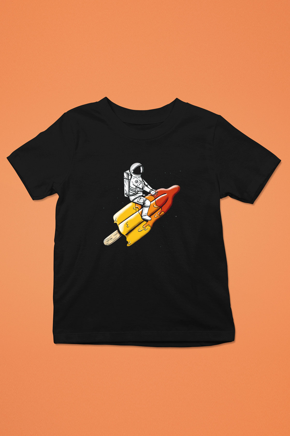 Dondurma ile Uzaya Yolculuk Baskılı Unisex Siyah  Çocuk Tişört