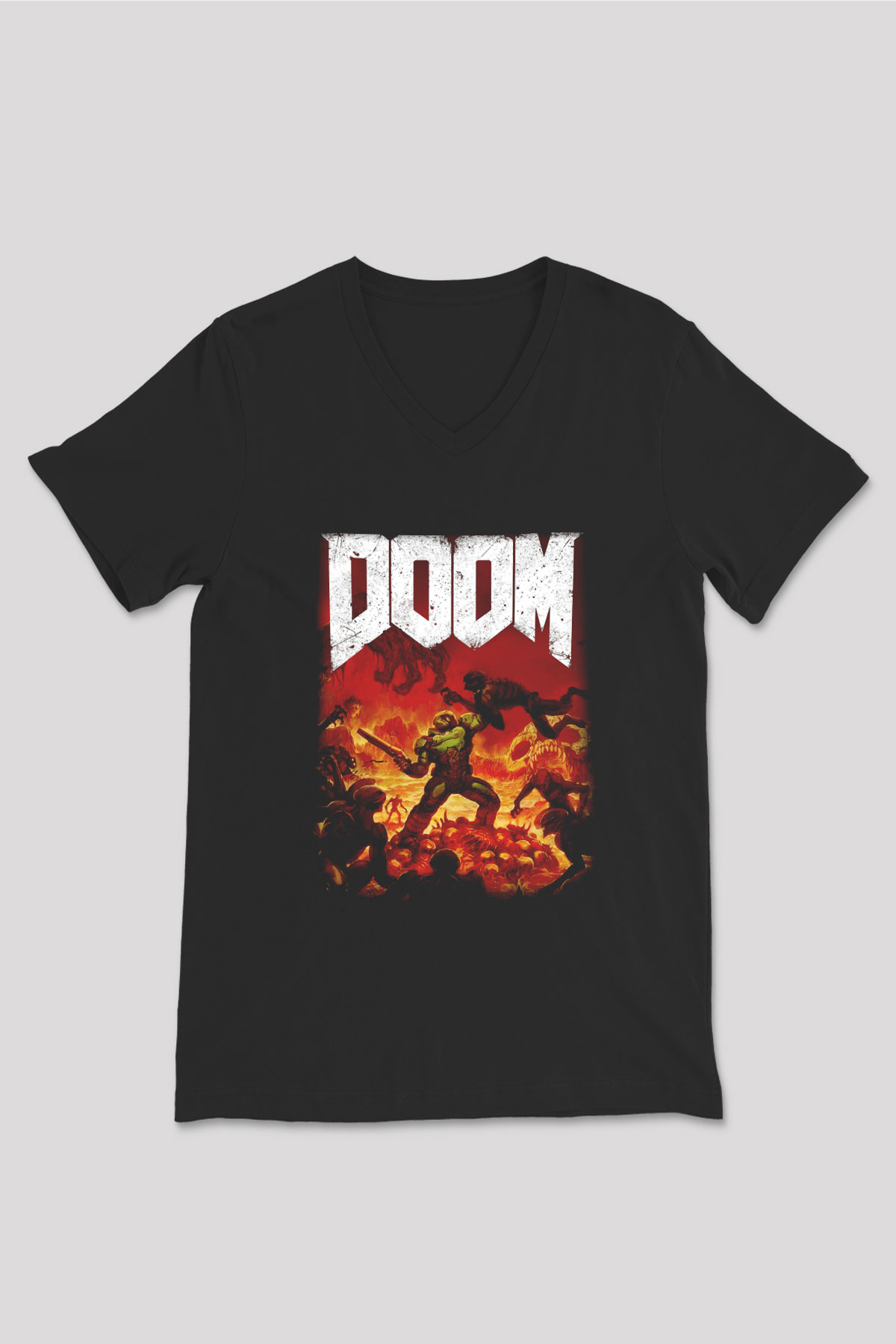 Doom Siyah Unisex V Yaka Tişört T-Shirt