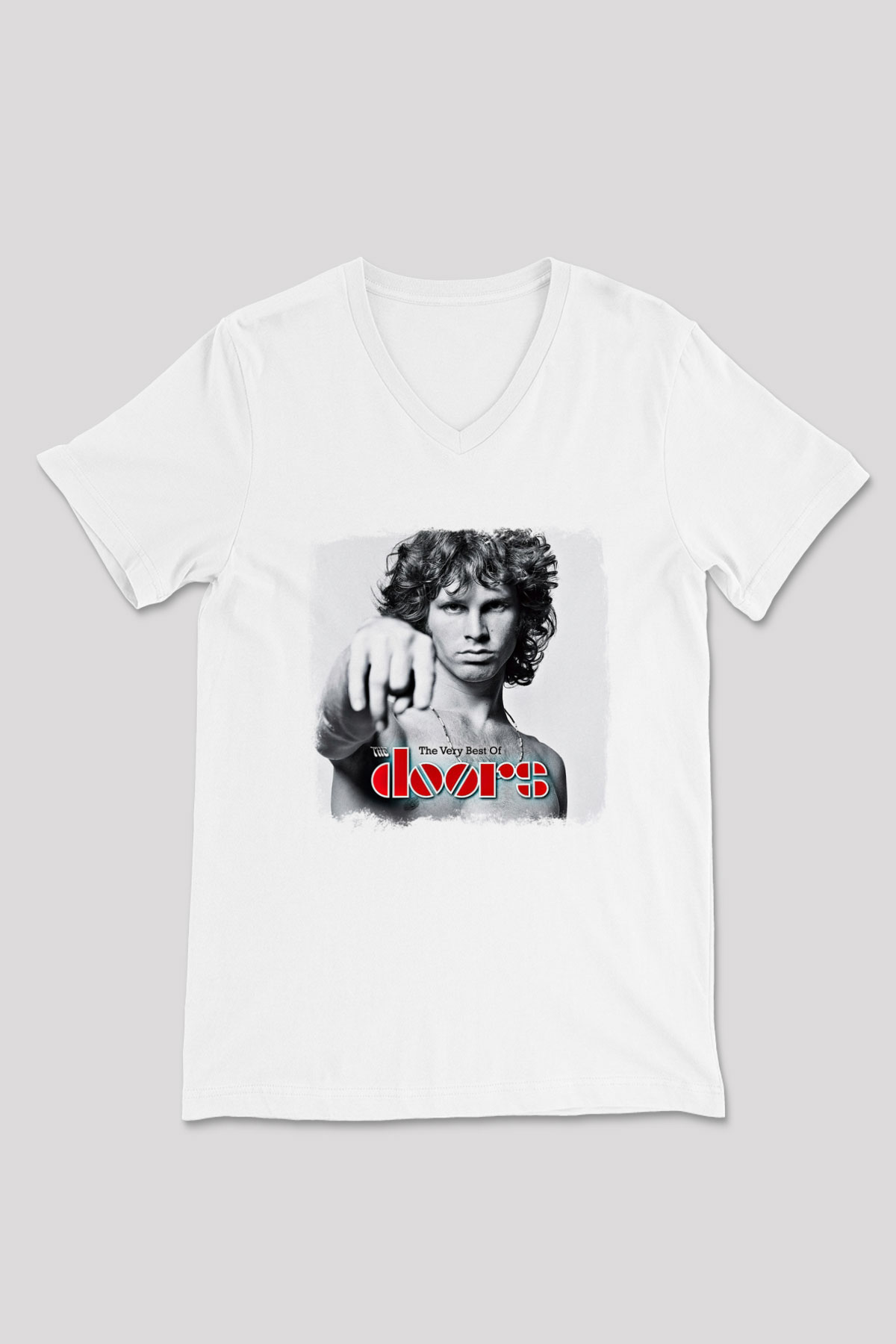 Doors Baskılı Unisex Beyaz V Yaka Tişört
