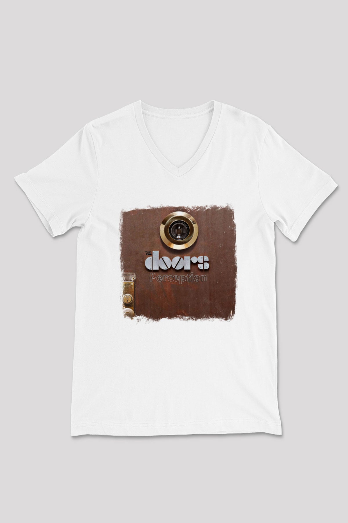 Doors Baskılı Unisex Beyaz V Yaka Tişört