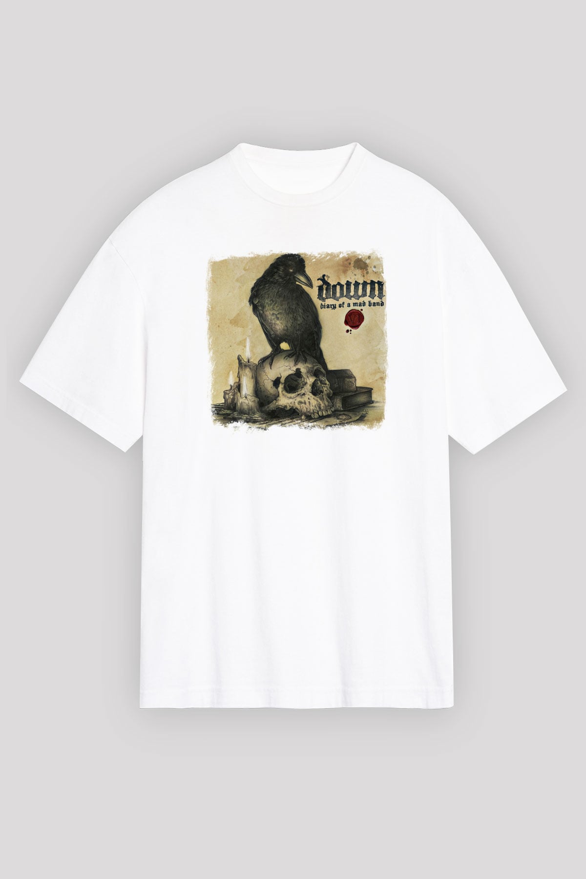 Down Baskılı Unisex Beyaz Oversize Tişört