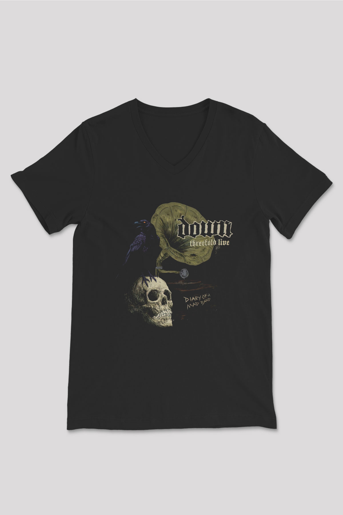 Down Siyah Unisex V Yaka Tişört T-Shirt