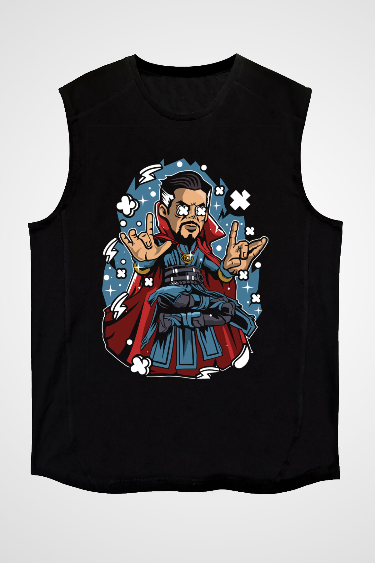 Dr Strange Baskılı Unisex Siyah Kolsuz Tişört