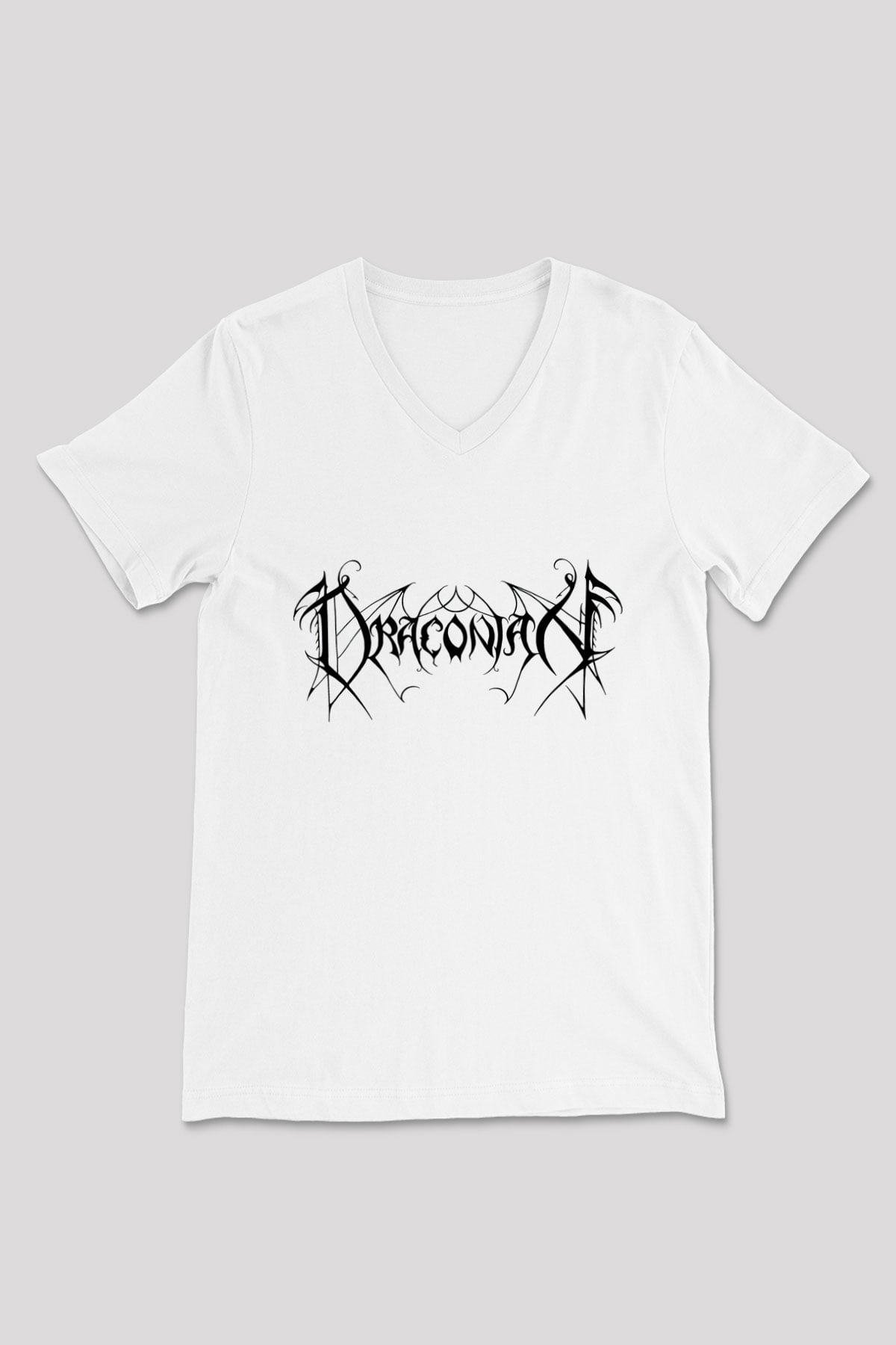 Draconian Baskılı Beyaz Unisex V Yaka Tişört - Tshirt