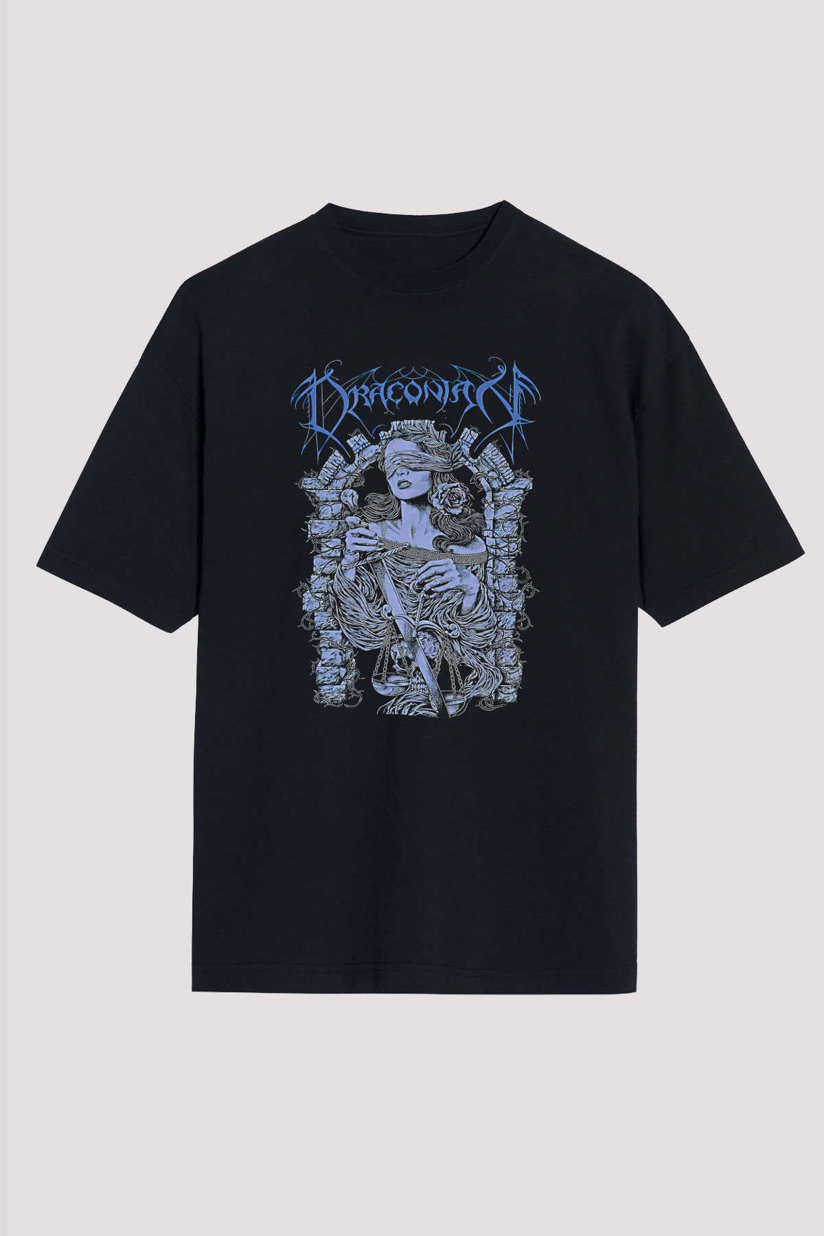 Draconian Baskılı Unisex Siyah Oversize Tişört - Tshirt