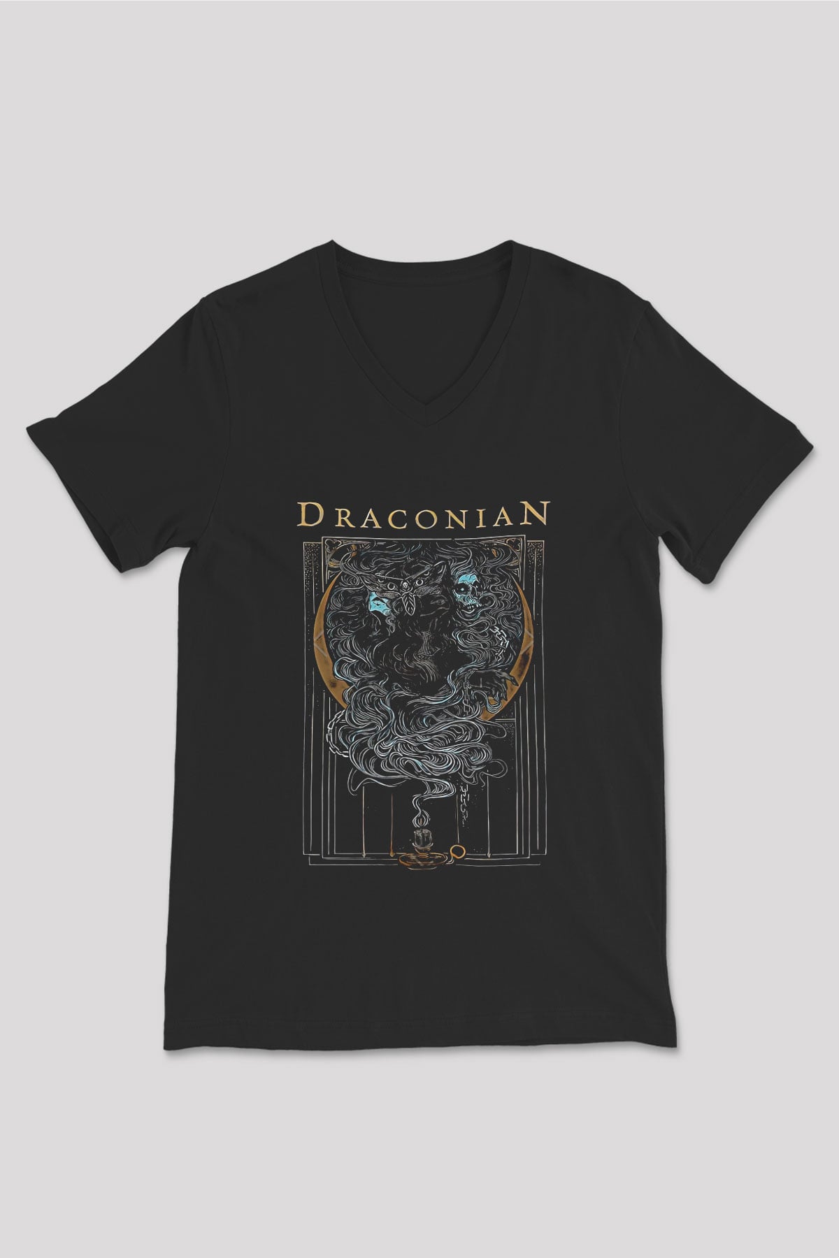 Draconian Baskılı Unisex Siyah V Yaka Tişört - Tshirt